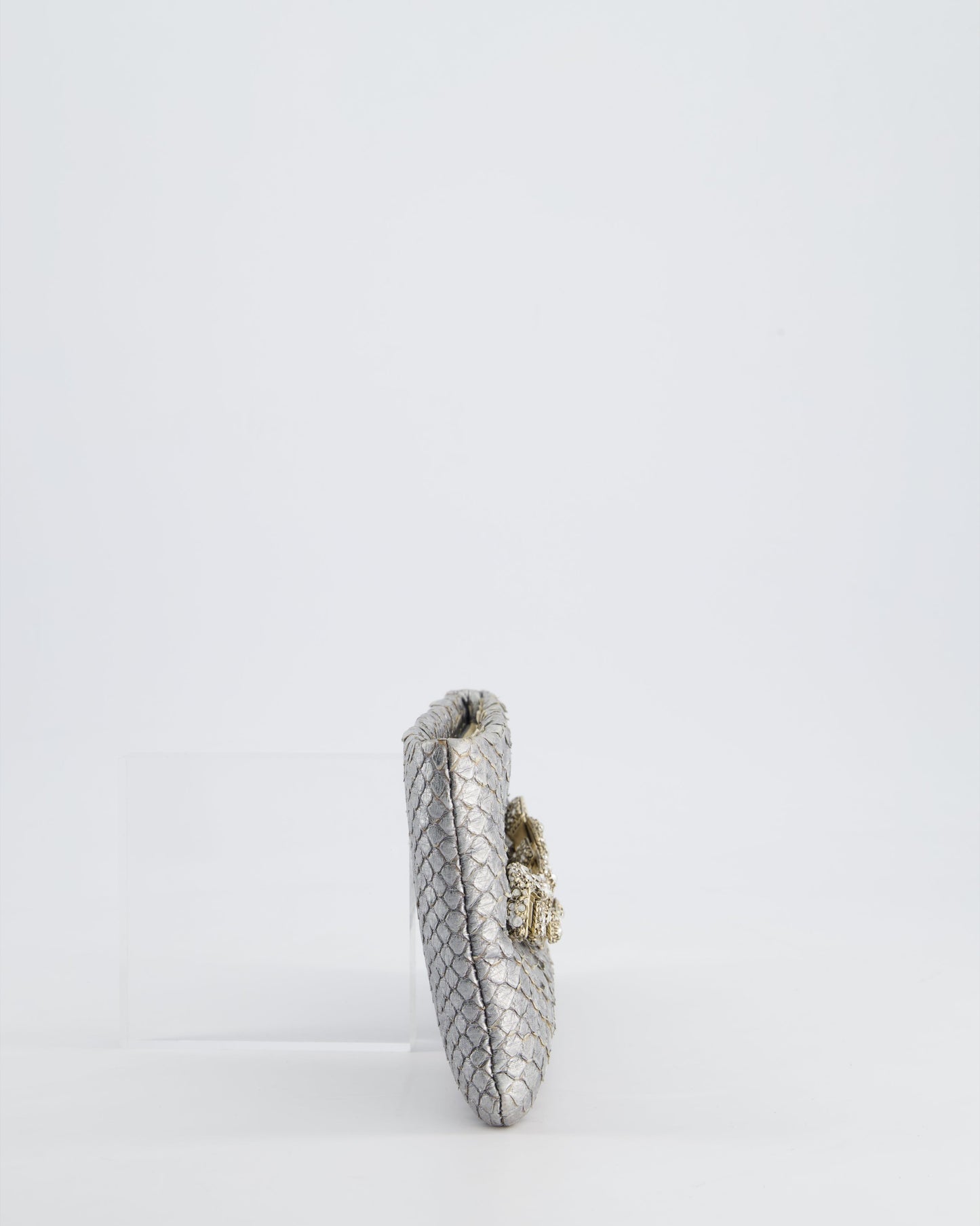 *RARE* Chanel Metallic Silver Bombay Clutch in Python Leather and Antique Gold Hardware with Embellished Crystals