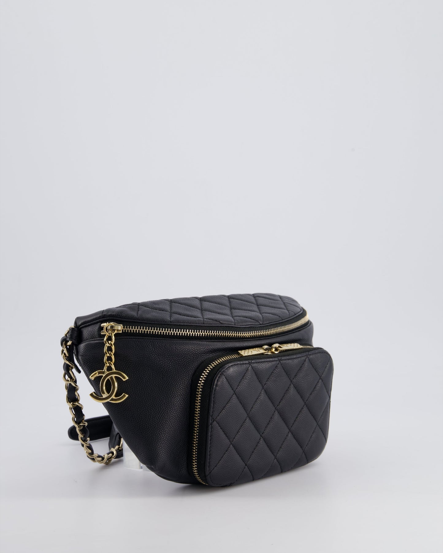 Chanel Black Quilted Business Affinity Bum Bag in Caviar Leather with Champagne Gold Hardware and Logo Zip