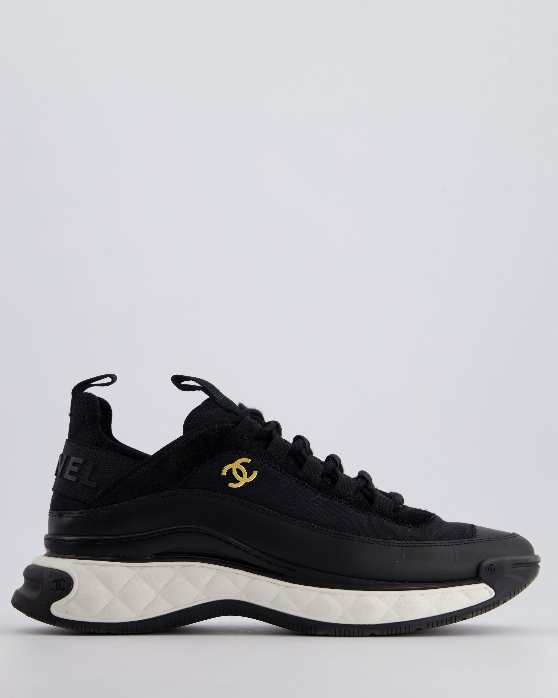 Chanel Black Fabric and Leather Trainers with White Soles and Gold CC Logo Size EU 38.5 Handbag