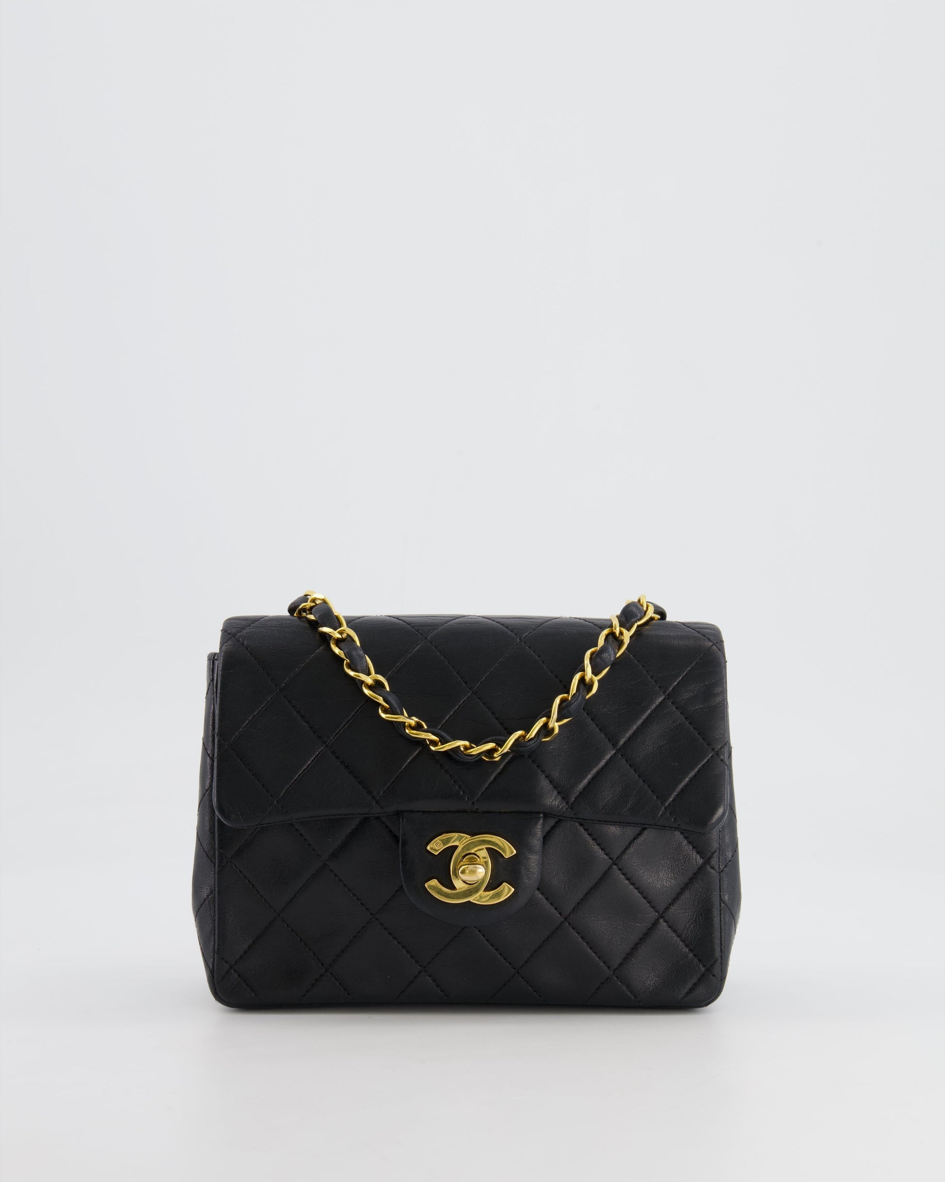 Chanel Black Mini Square Single Flap Bag in Lambskin Leather with 24K Gold Hardware