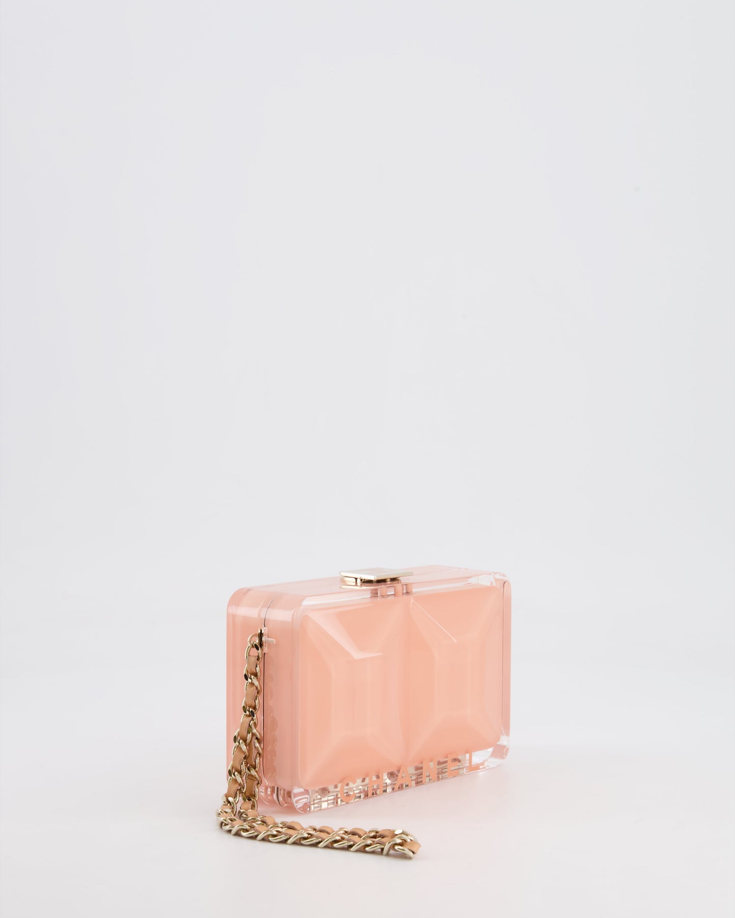 Chanel  Pink Plexiglass Clutch Bag With Champagne Hardware and Logo Detail