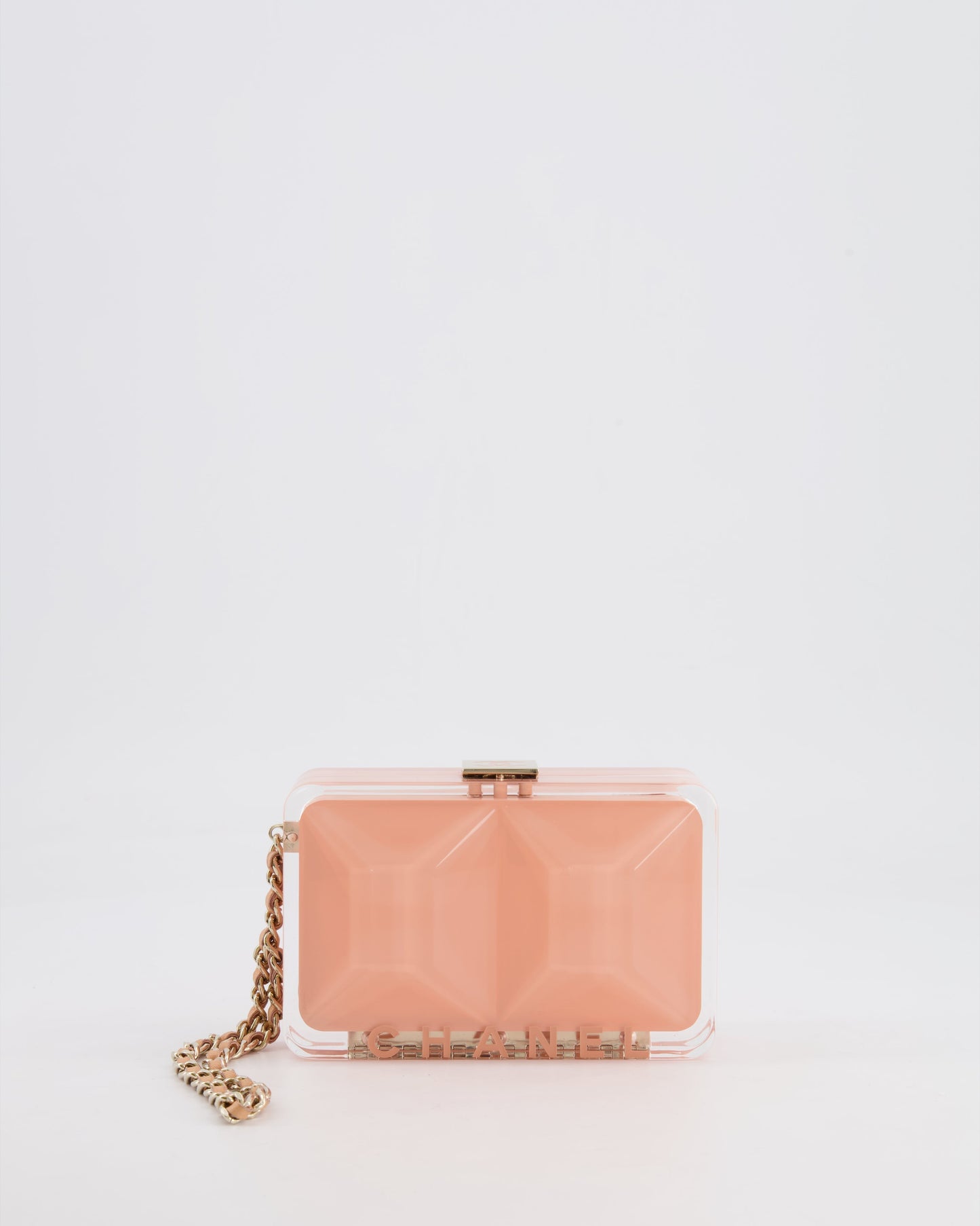 *COLLECTOR'S PIECE* Chanel  Pink Plexiglass Clutch Bag With Champagne Hardware and Logo Detail