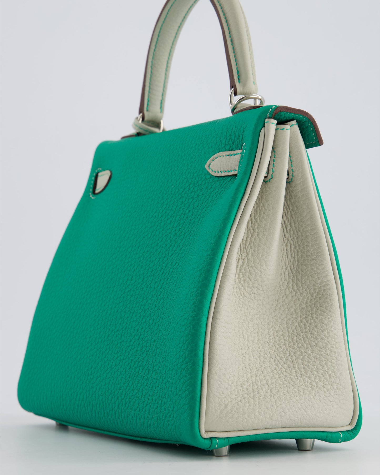 *SUPER RARE* Hermes HSS Kelly 25 Retourne Bag in Vert Vertigo & Gris Perle Togo Leather with Palladium Hardware & Contrast Stitching