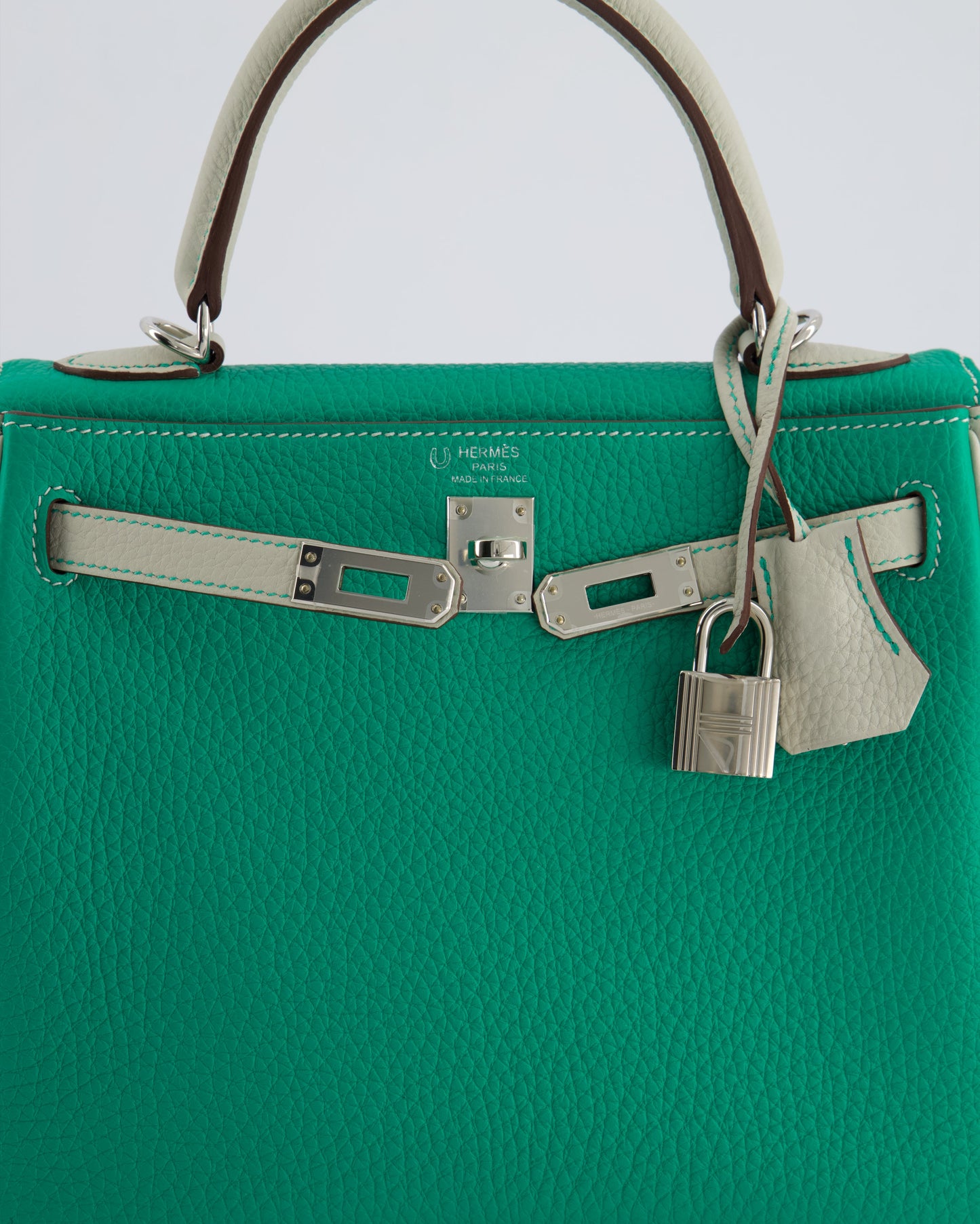 *SUPER RARE* Hermes HSS Kelly 25 Retourne Bag in Vert Vertigo & Gris Perle Togo Leather with Palladium Hardware & Contrast Stitching