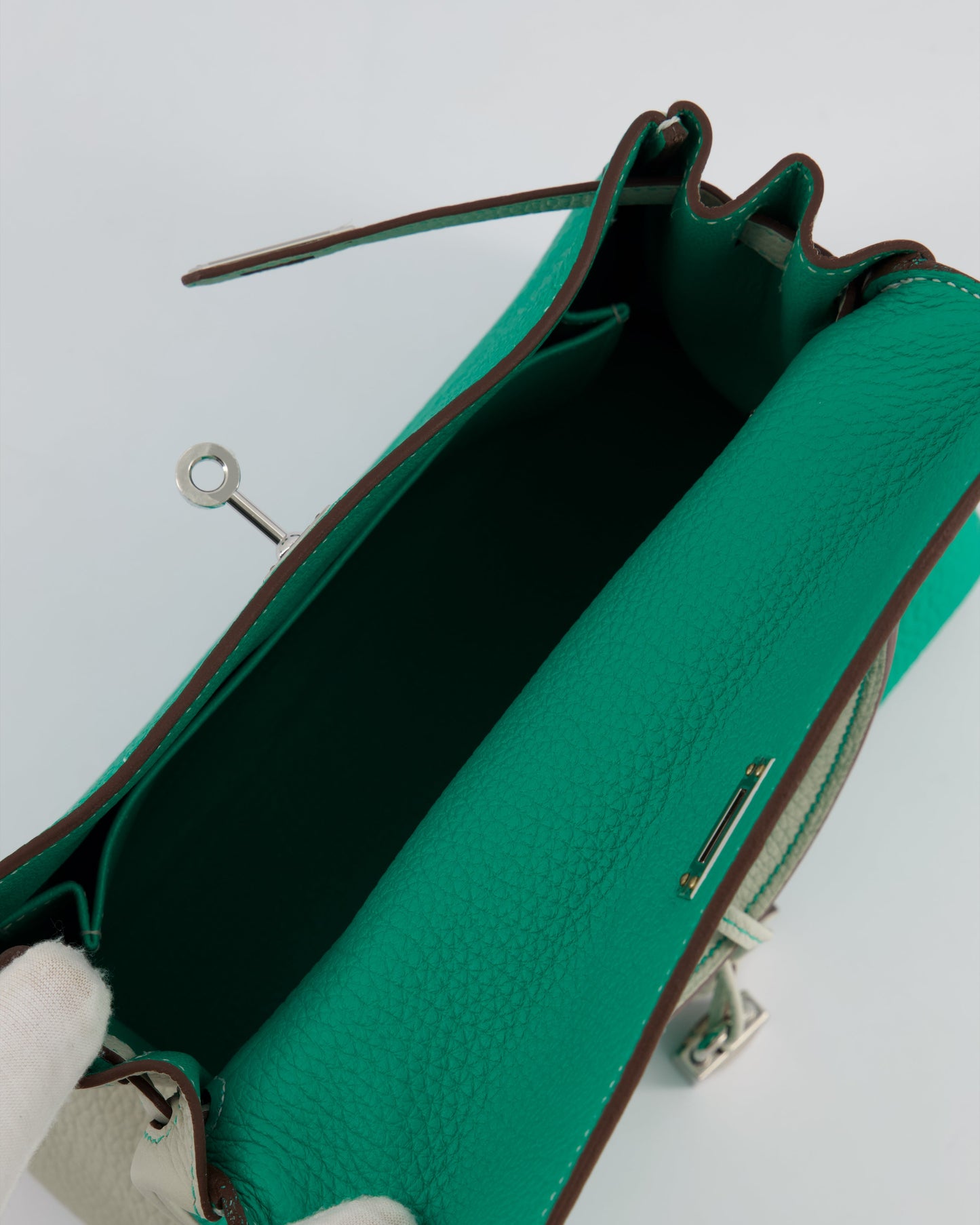*SUPER RARE* Hermes HSS Kelly 25 Retourne Bag in Vert Vertigo & Gris Perle Togo Leather with Palladium Hardware & Contrast Stitching