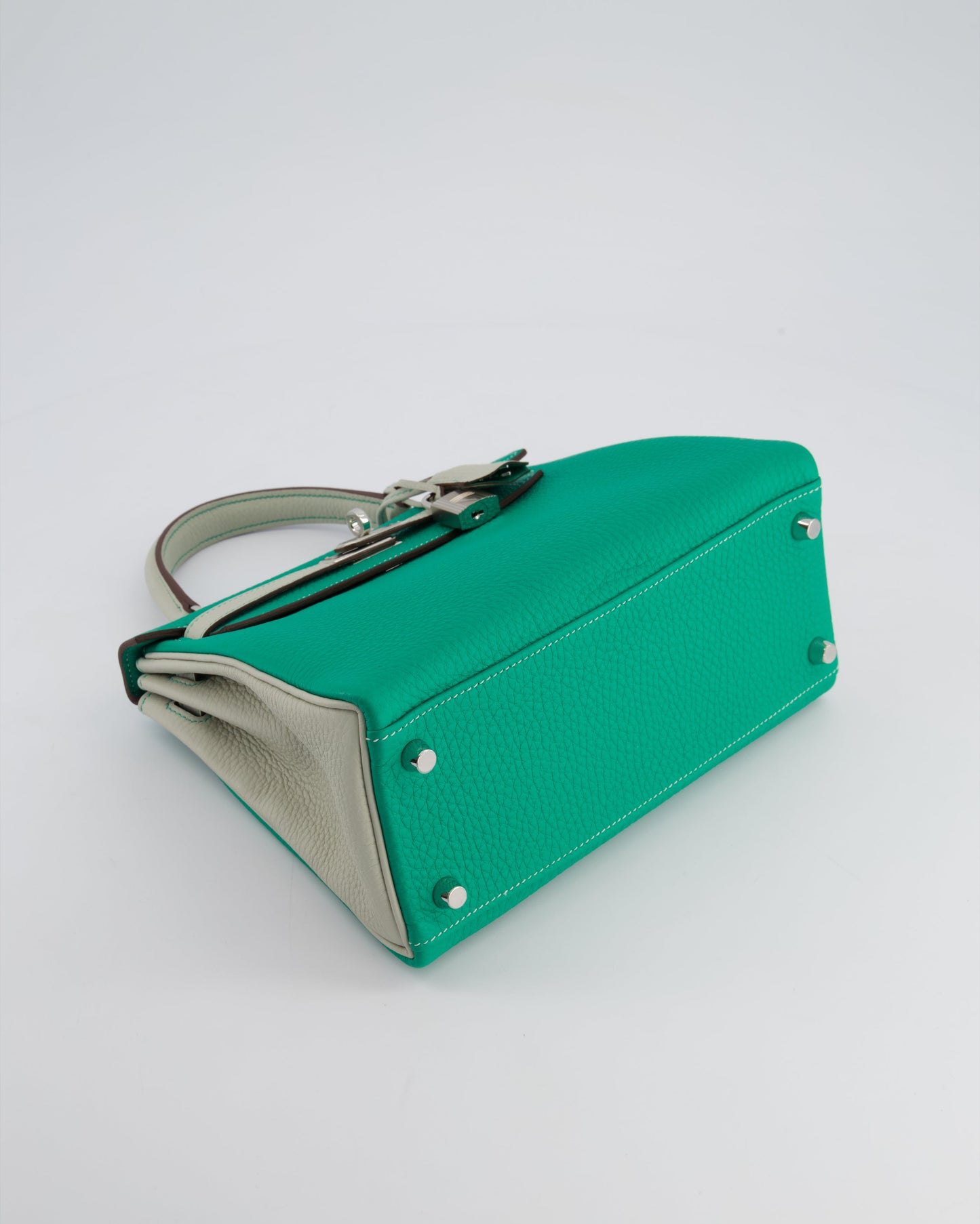 *SUPER RARE* Hermes HSS Kelly 25 Retourne Bag in Vert Vertigo & Gris Perle Togo Leather with Palladium Hardware & Contrast Stitching