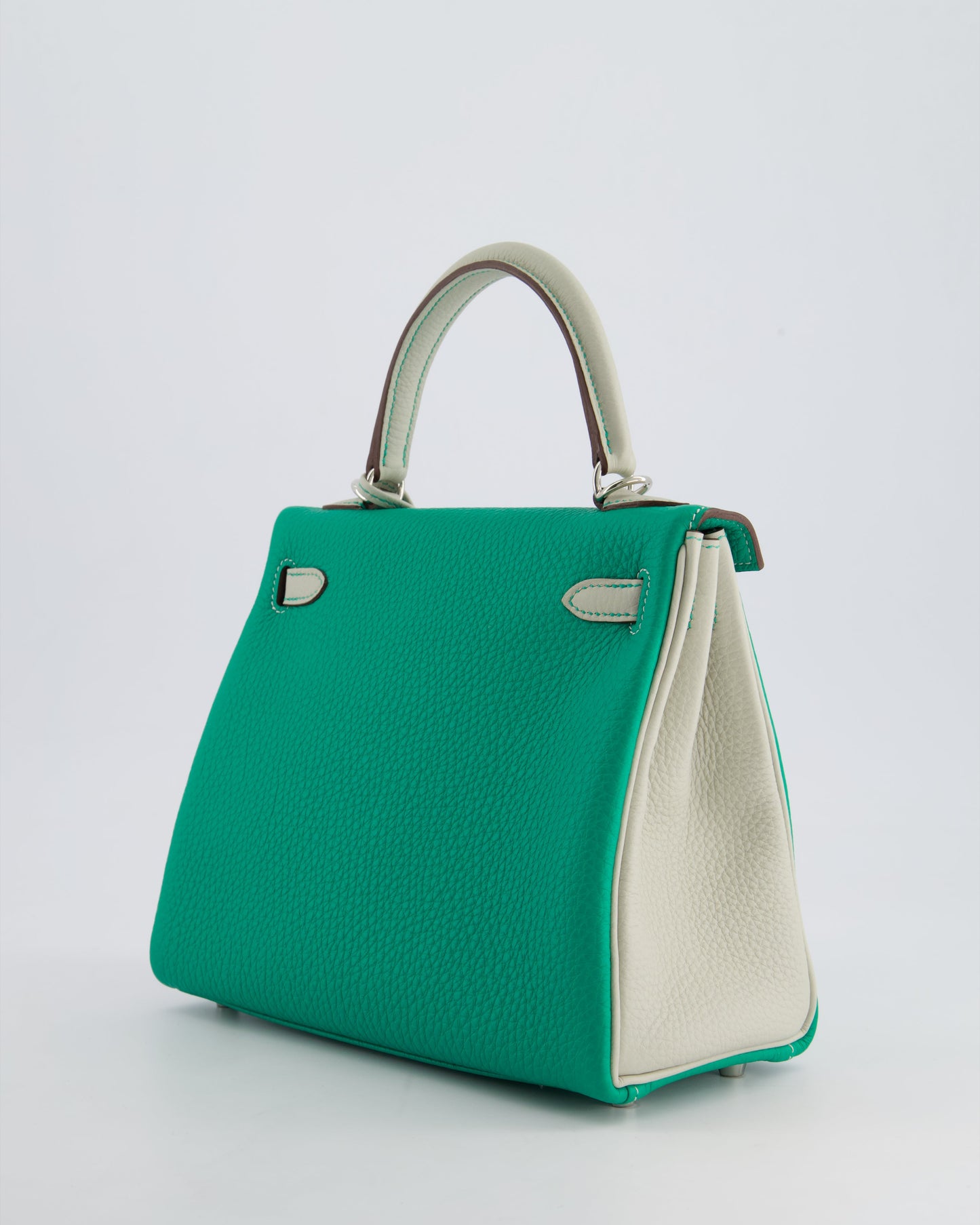 *SUPER RARE* Hermes HSS Kelly 25 Retourne Bag in Vert Vertigo & Gris Perle Togo Leather with Palladium Hardware & Contrast Stitching