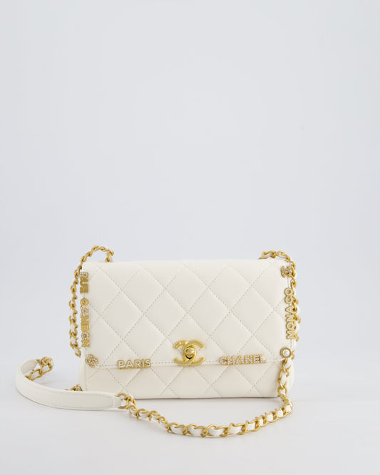 *LIMITED EDITION* Chanel White Monaco Mini Single Flap Bag with Black Interior, Crystal Details and Brushed Gold Hardware