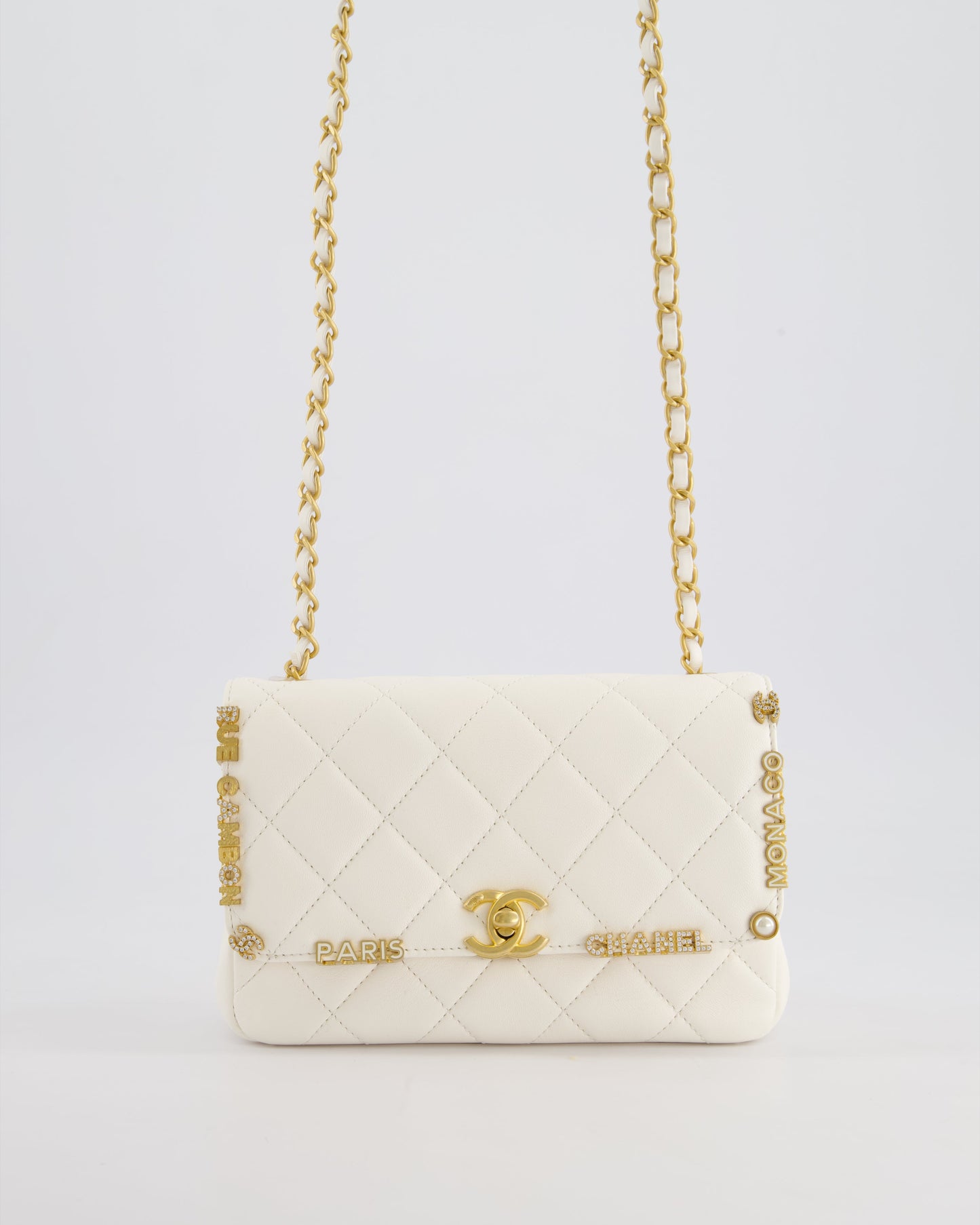 *LIMITED EDITION* Chanel White Monaco Mini Single Flap Bag with Black Interior, Crystal Details and Brushed Gold Hardware