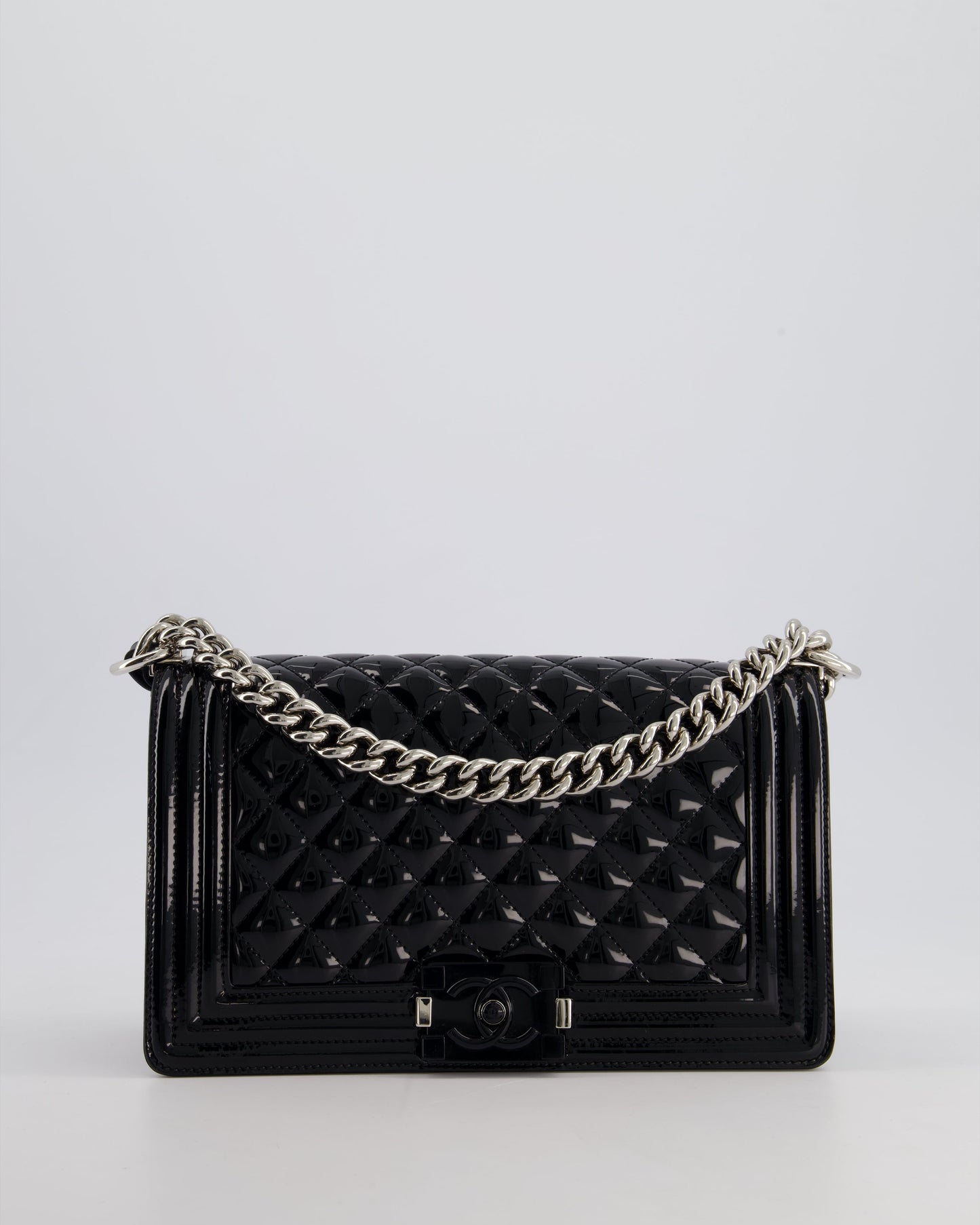 Chanel Black Patent Medium Boy Bag with Black and Silver Hardware