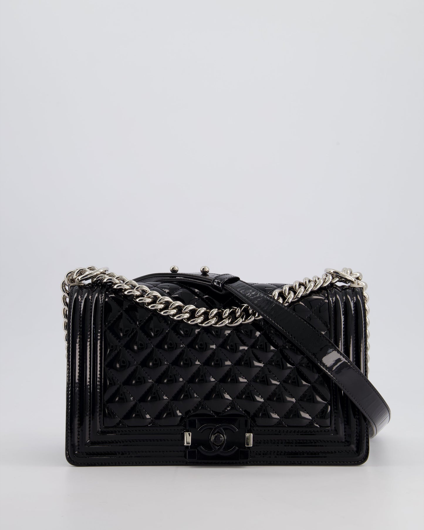Chanel Black Patent Medium Boy Bag with Black and Silver Hardware