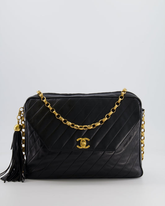 Chanel Black Large Camera Bag in Lambskin Leather with Front Pocket with 24k Gold Hardware
