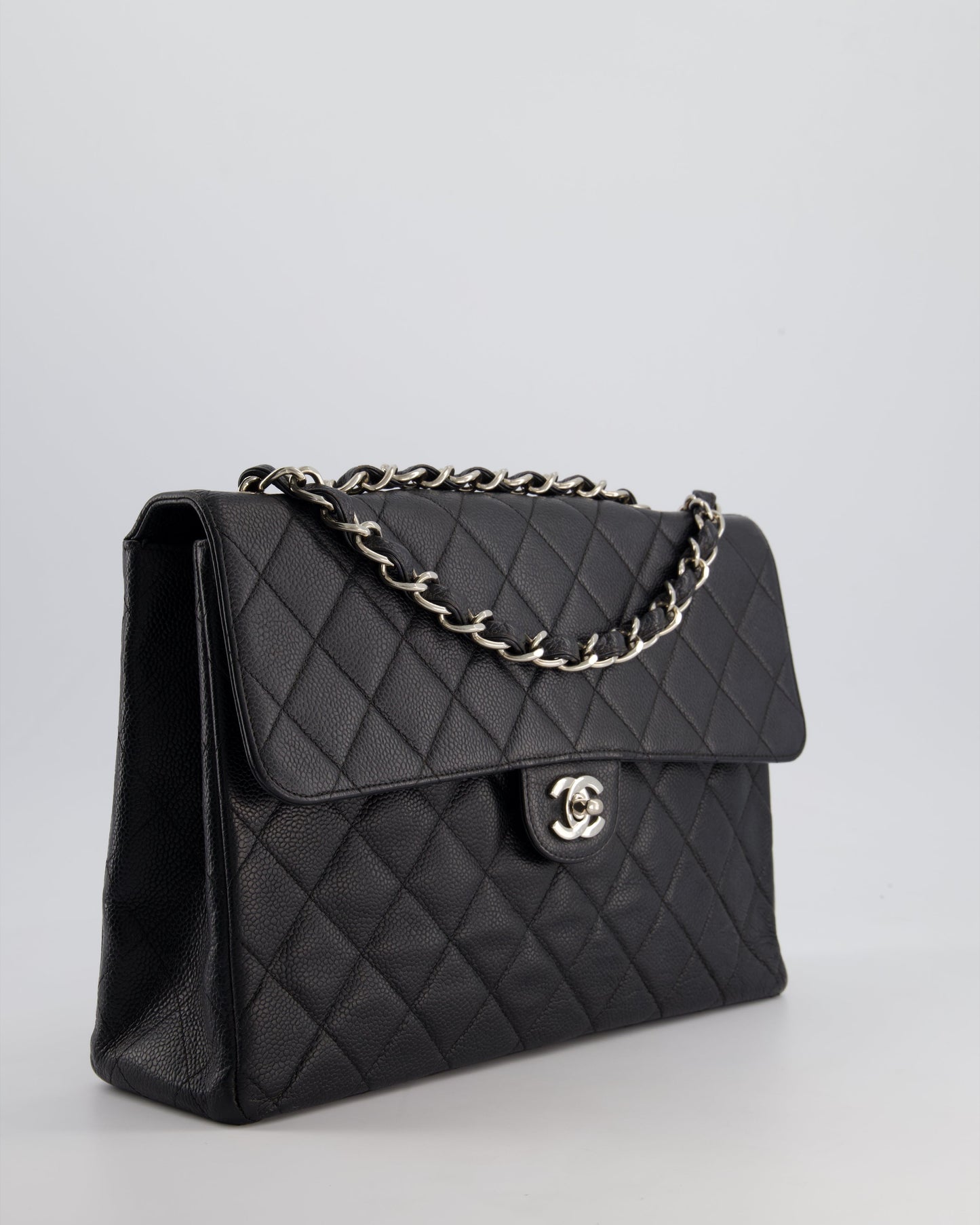 Chanel Black Quilted Caviar Square Jumbo Classic Single Flap Bag with Silver Hardware