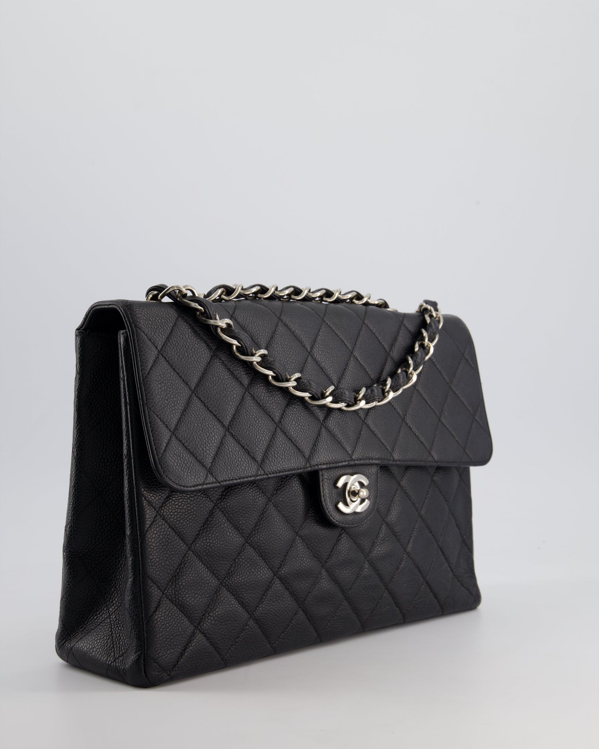 Chanel Black Quilted Caviar Square Jumbo Classic Single Flap Bag with Silver Hardware