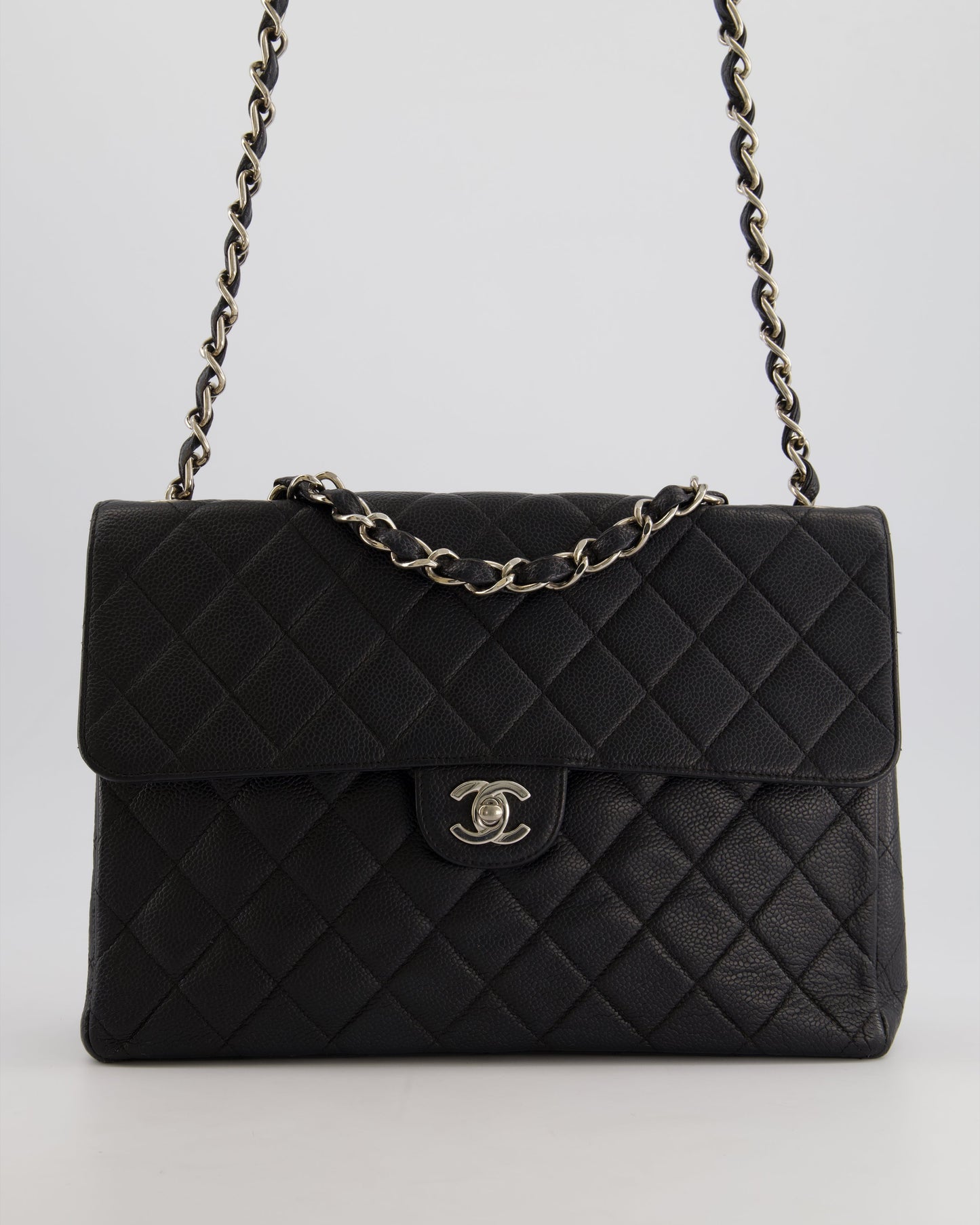 Chanel Black Quilted Caviar Square Jumbo Classic Single Flap Bag with Silver Hardware