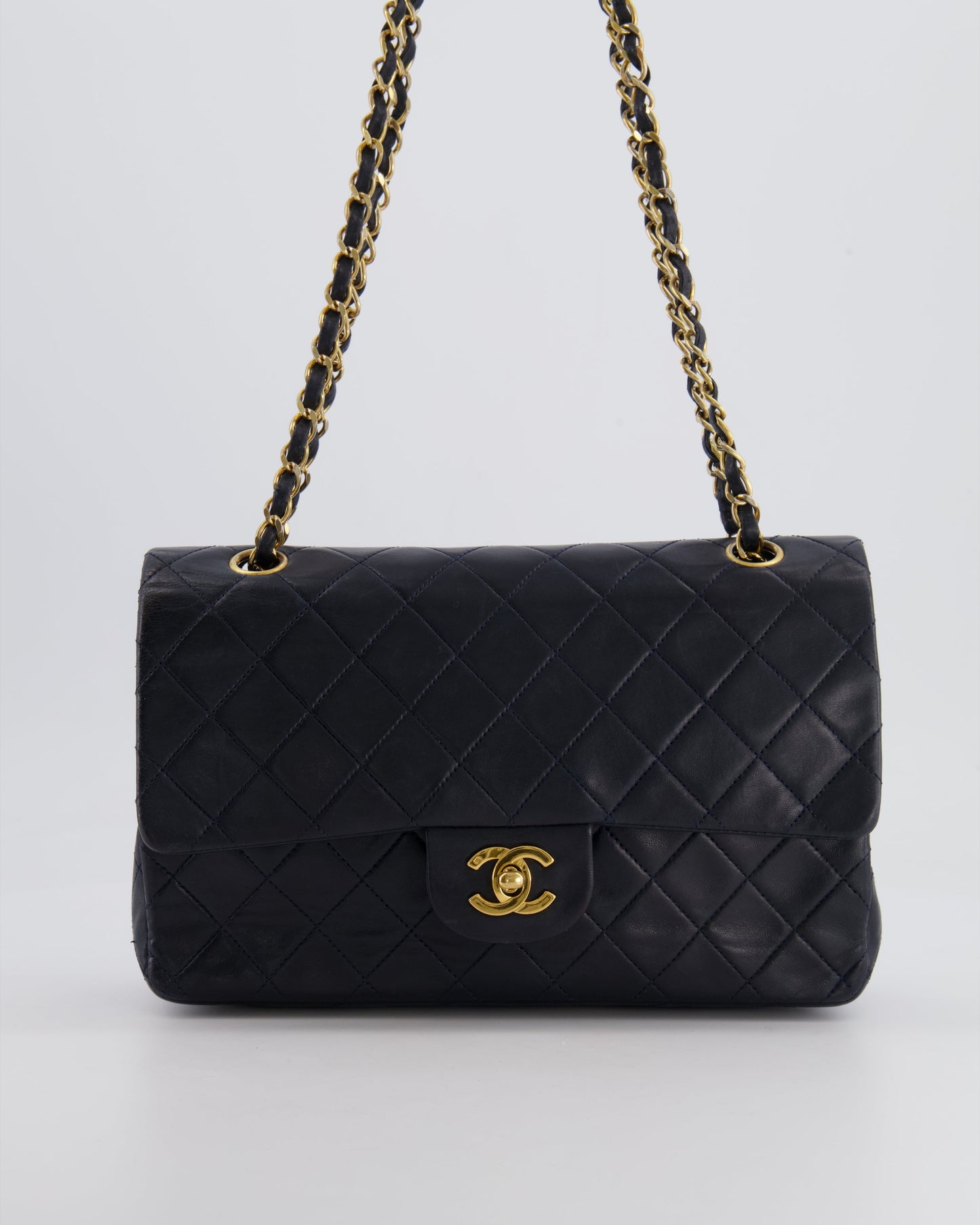Chanel Navy Medium Classic Double Flap Bag in Lambskin Leather with 24K Gold Hardware