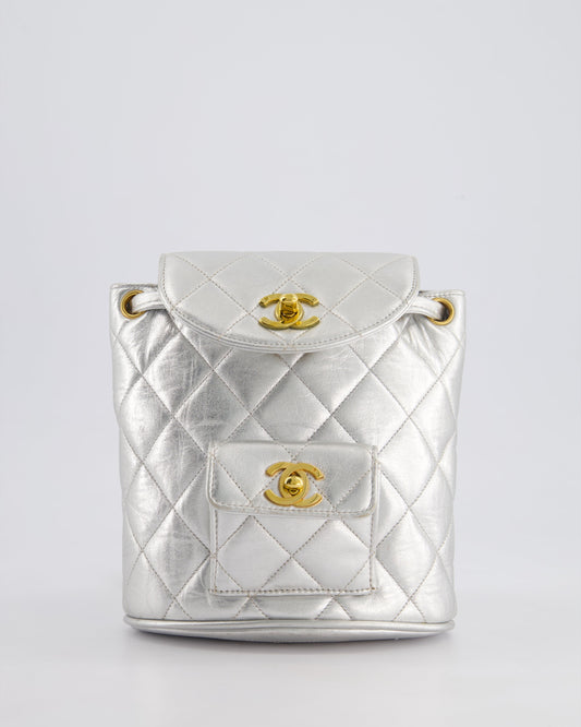 *RARE* Chanel Metallic Silver Mini Duma Backpack Bag in Lambskin Leather with 24K Gold Hardware