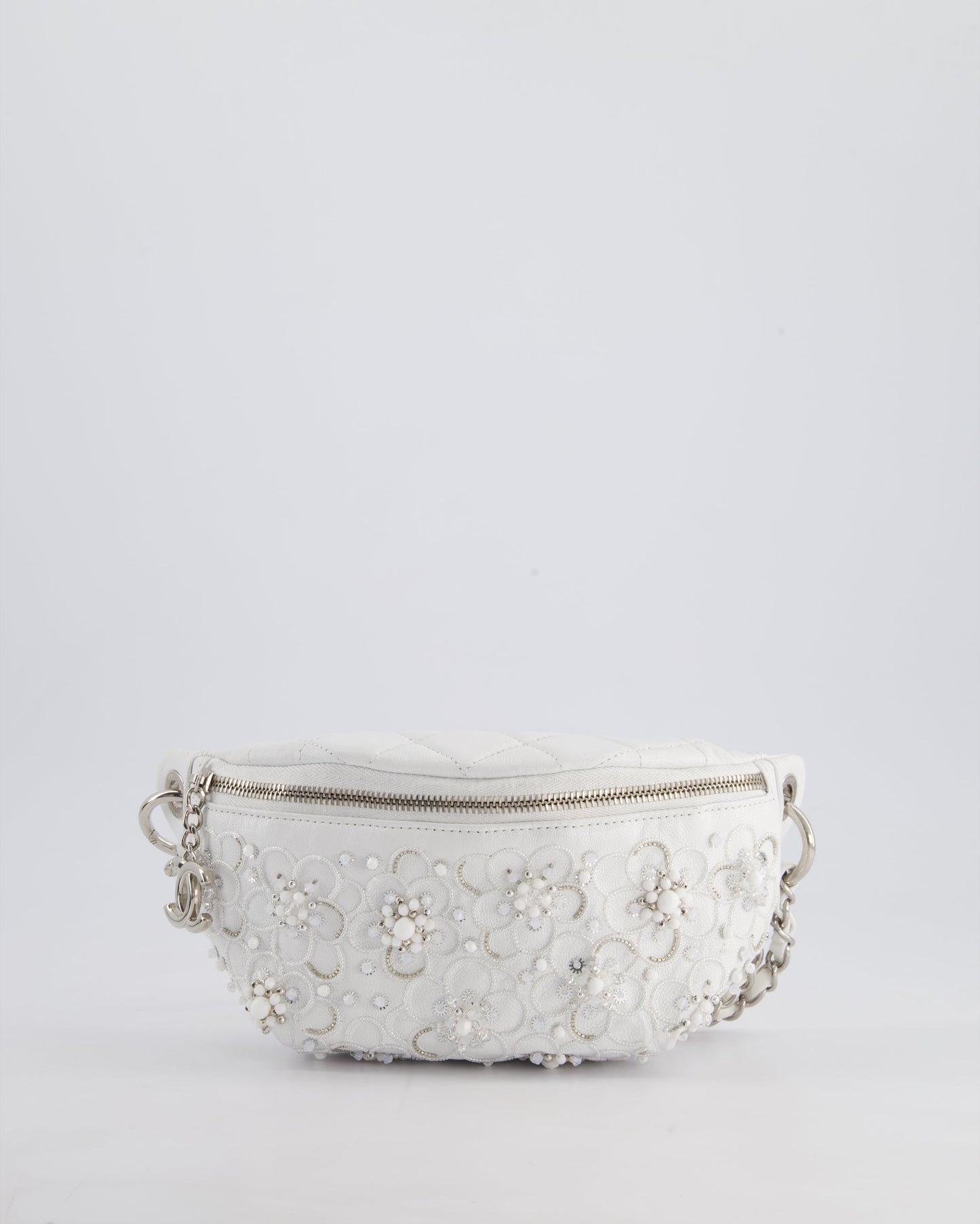 Chanel White Lambskin Leather Bum Bag with Silver Crystal Bead Embellishments and Silver Hardware