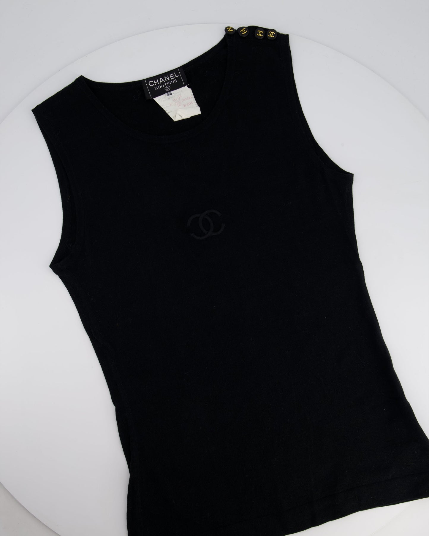 Chanel 95P Black Sleeveless Cotton Top with Stitched Logo and Gold Logo Buttons on the Shoulder Size FR 36 (UK 8) Shoulder Bag
