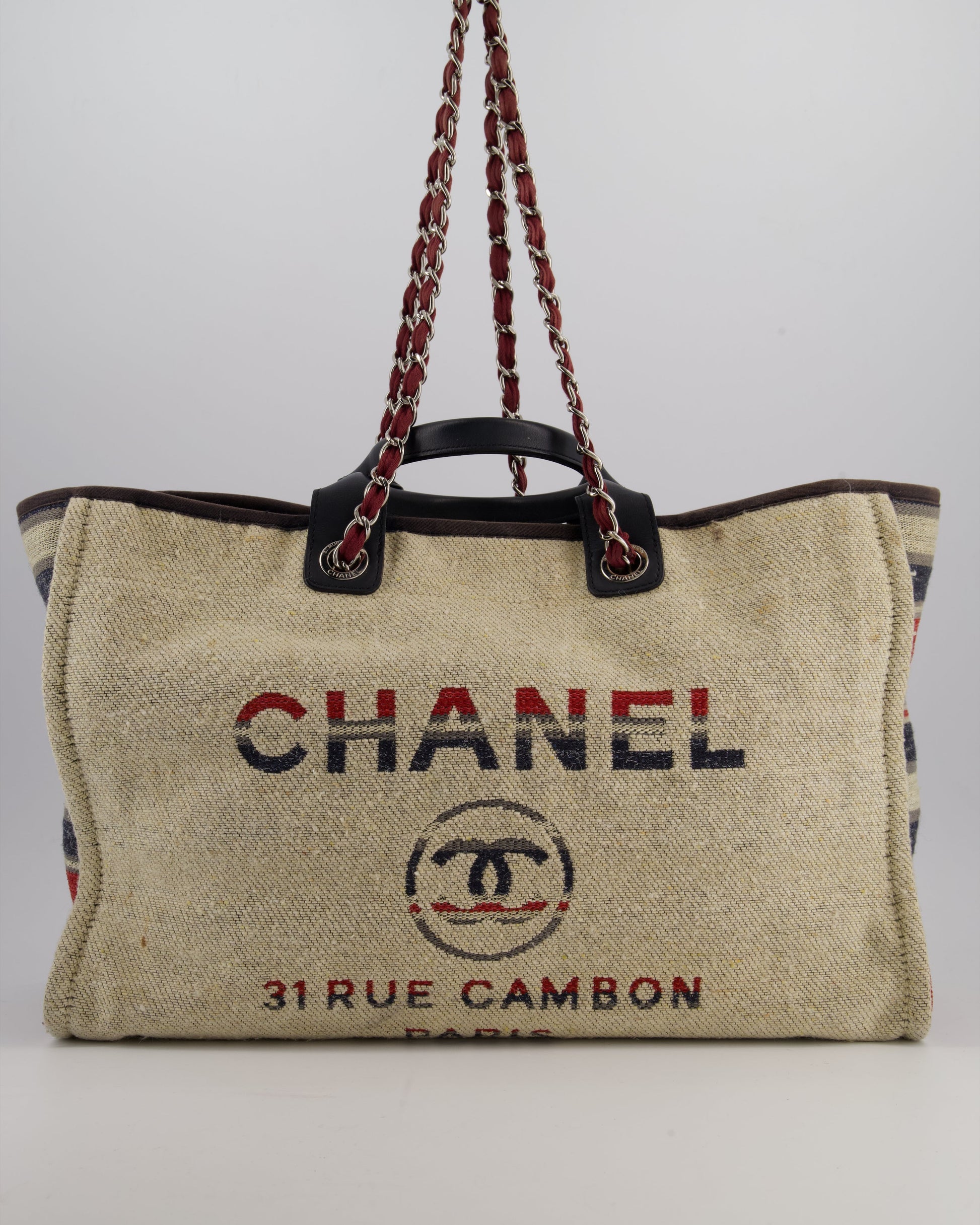 Chanel Blue and Red Medium Deauville Tote with Stripe Detail and Silver Hardware
