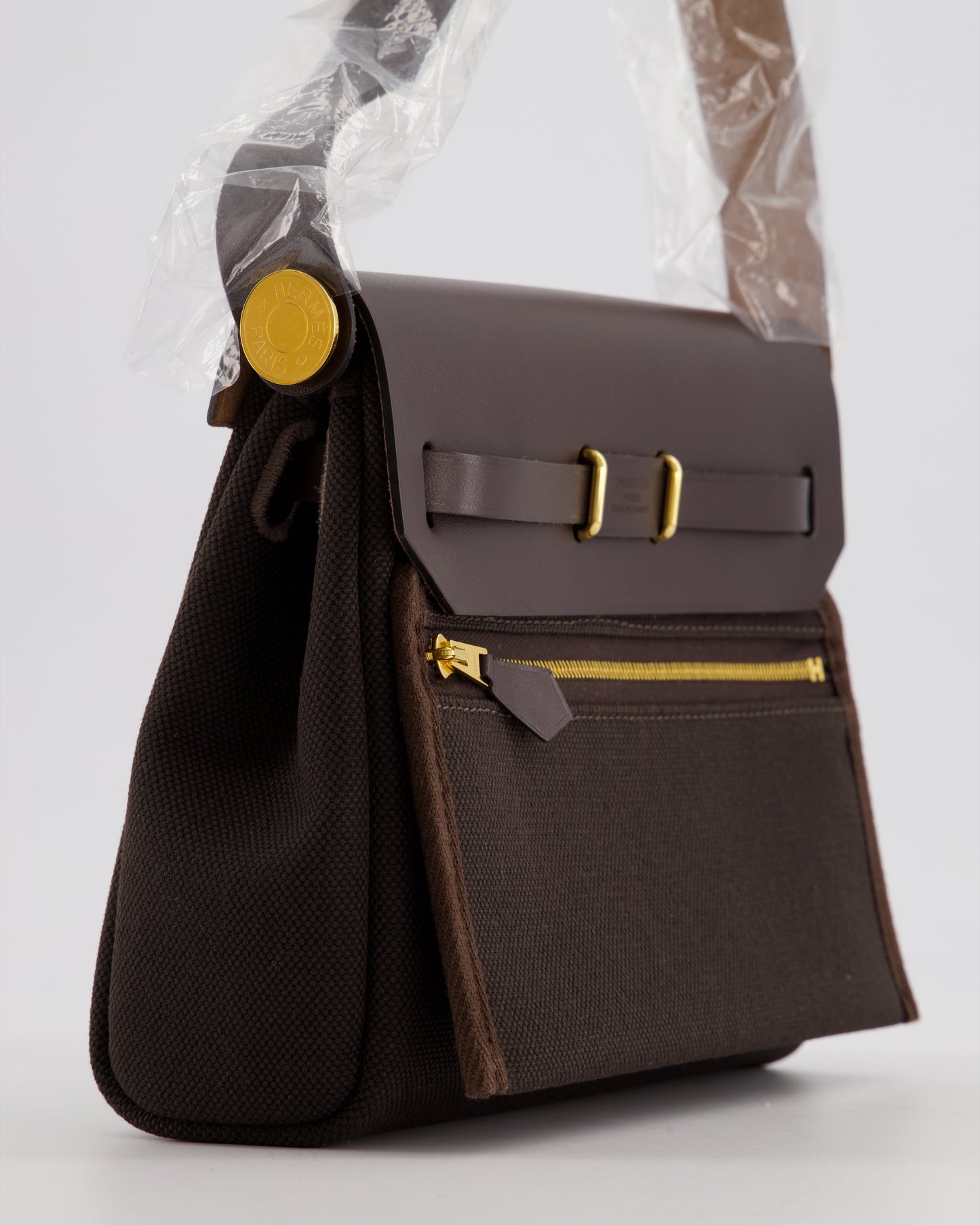 *Hot & RARE* Hermes Herbag Zip 20 Bag in Ebene Viking Canvas & Ebene Vache Hunter Leather with Gold Hardware