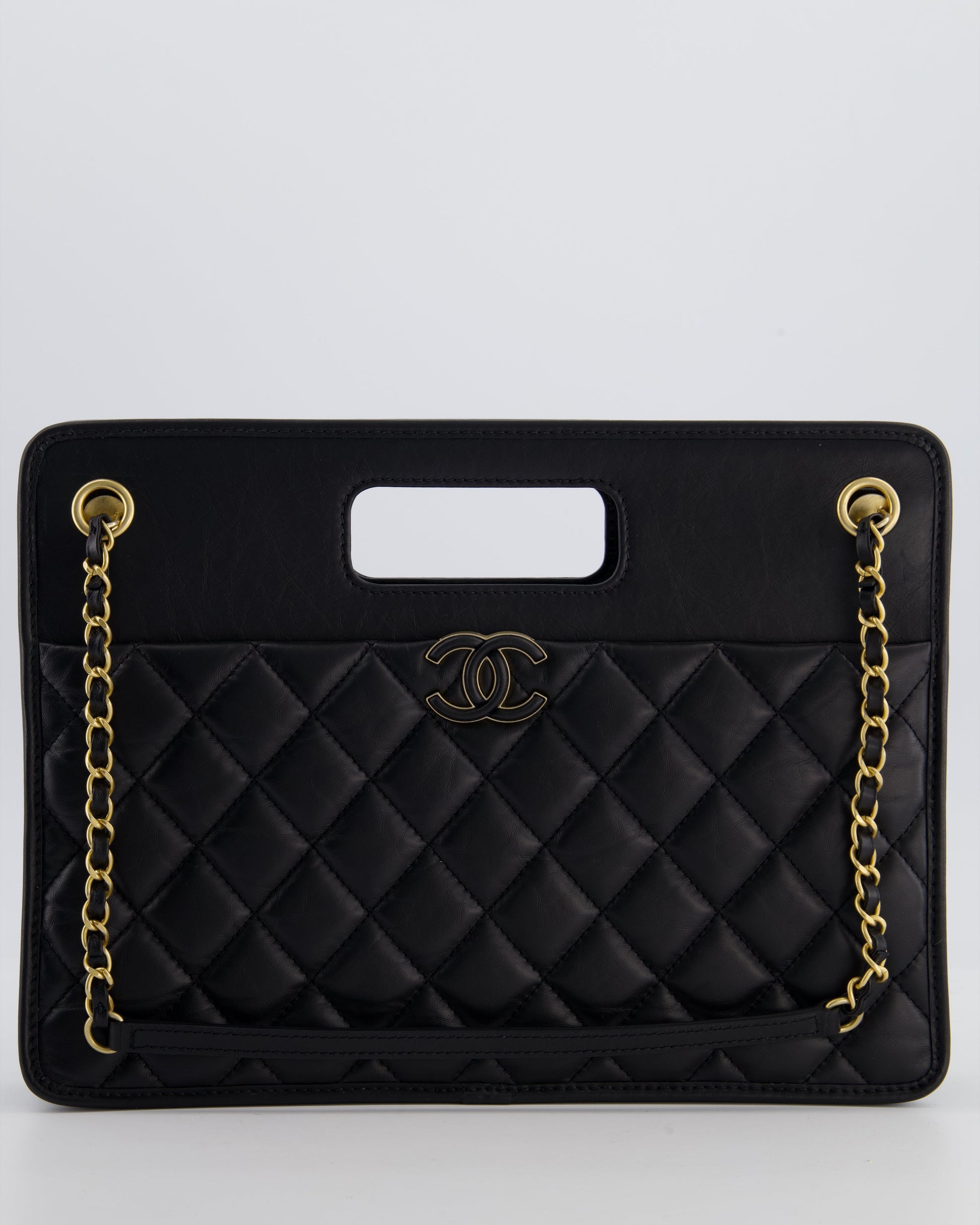 Chanel Black Aged Calfskin Quilted Small Graphic Catch Shopping Bag with Gold Hardware
