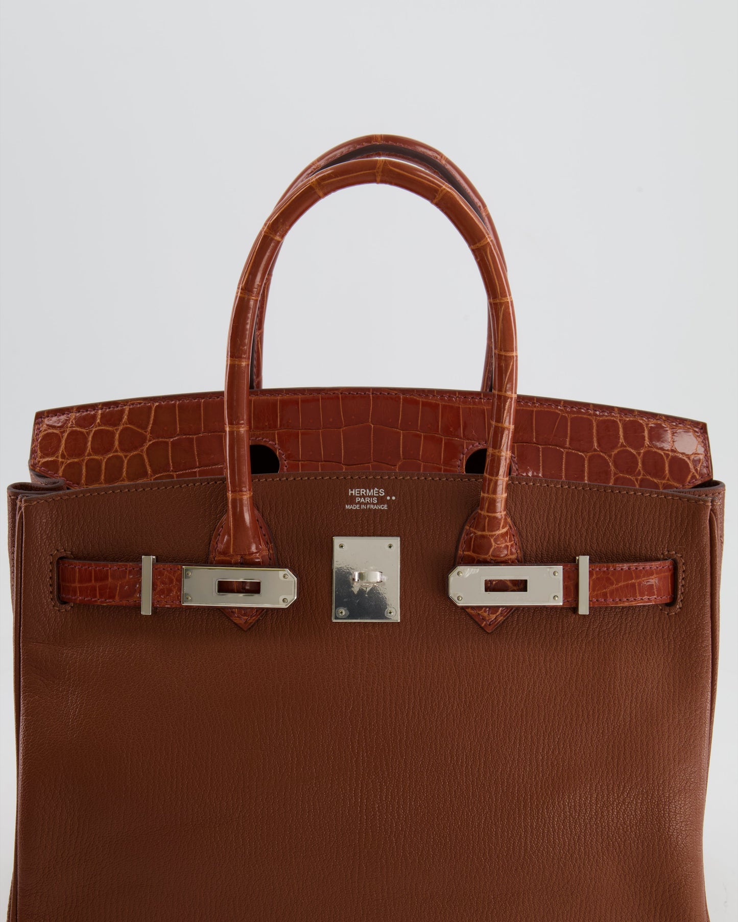 Hermes Birkin 30 Touch Bag in Noisette Chèvre Mysore and Etrusque Crocodile Niloticus Leather with Palladium Hardware