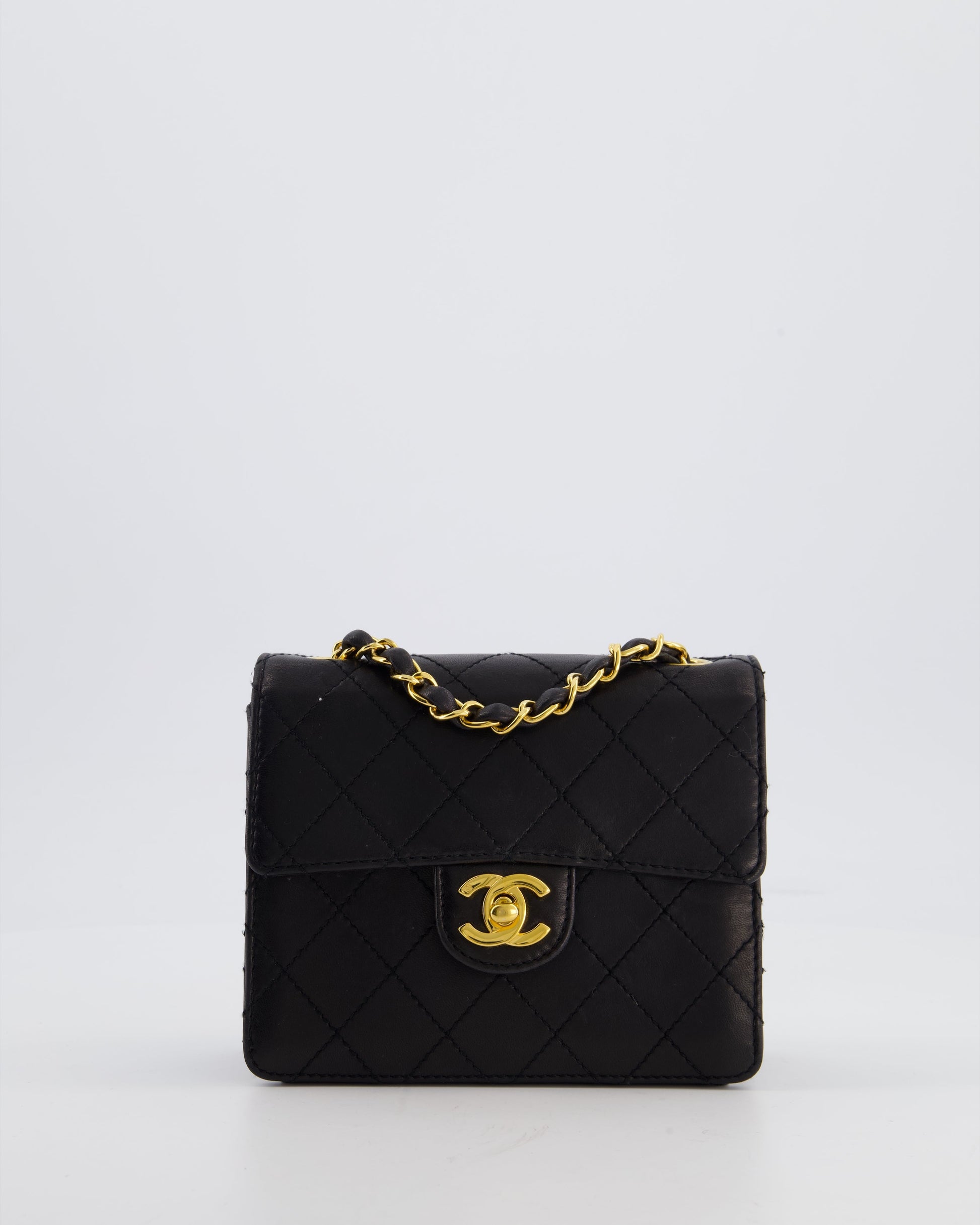 Chanel Black Mini Square Classic Flap Bag in Lambskin Leather with 24K Gold Hardware