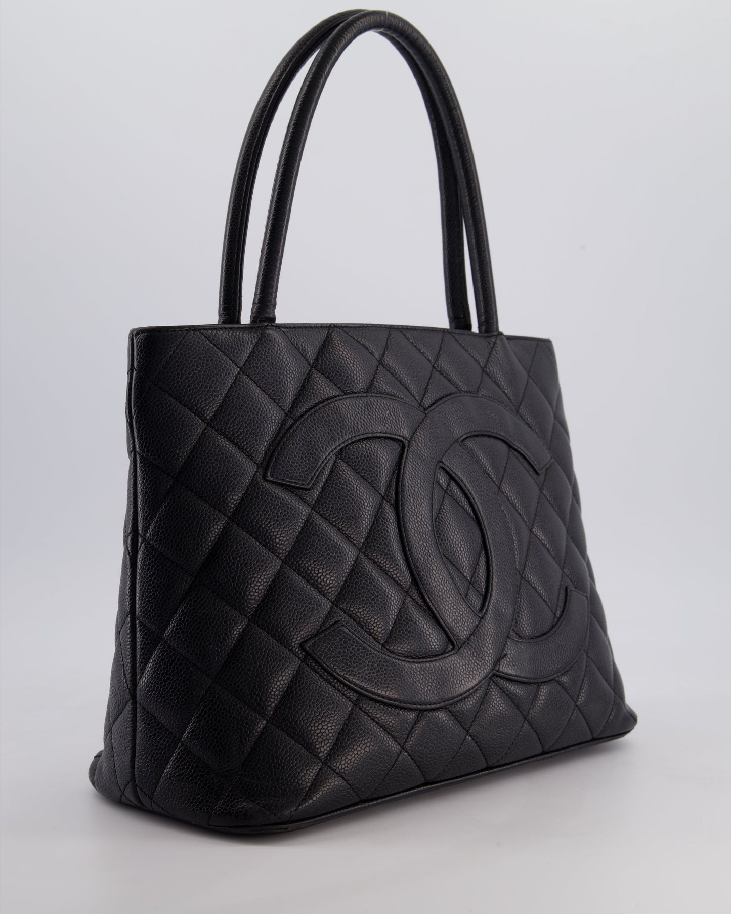 Chanel Black Medallion Tote in Black Quilted Caviar Leather with Gold Hardware
