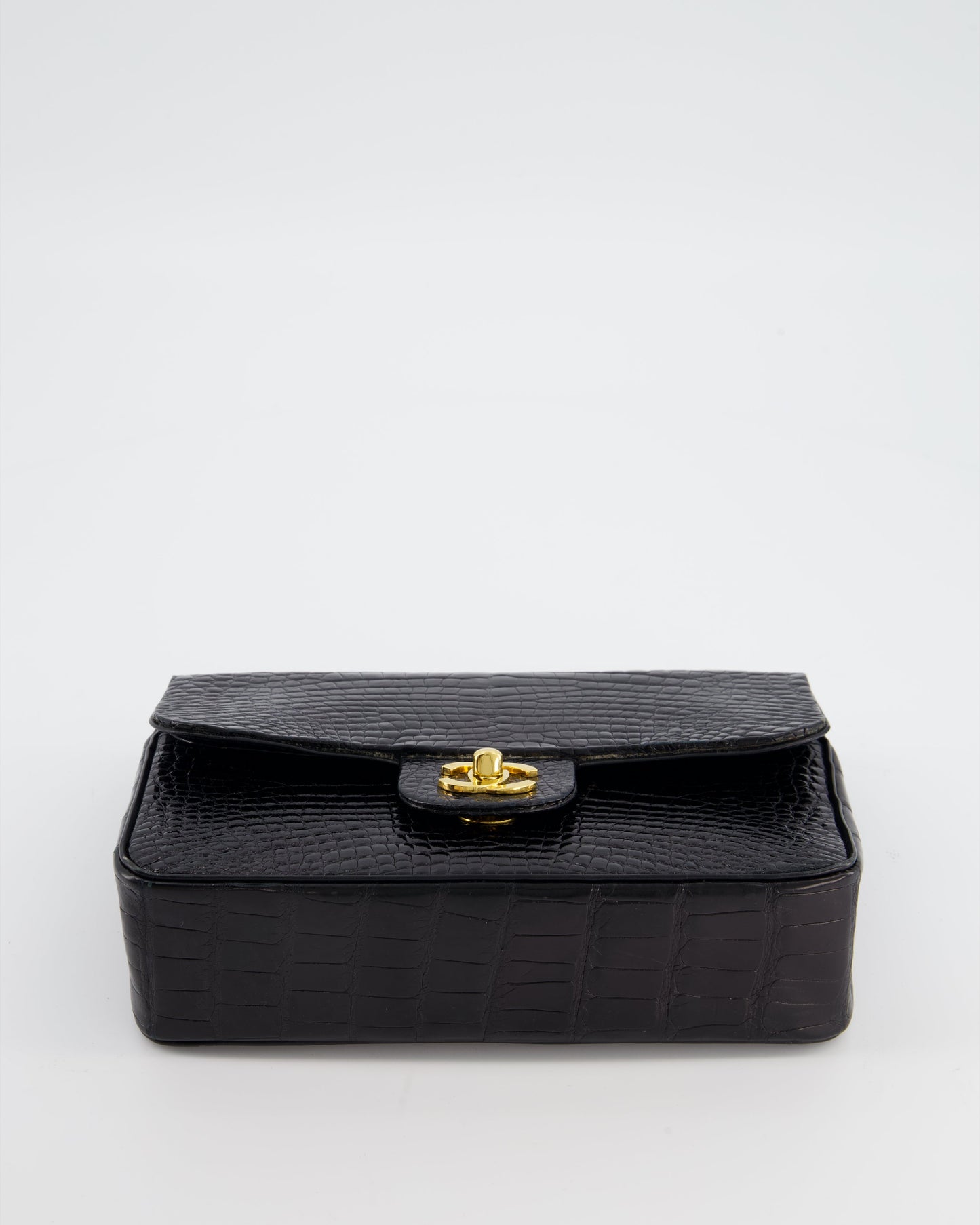 *RARE* Chanel Black Vintage Classic Flap Bag in Shiny Crocodile Leather with 24K Gold Hardware