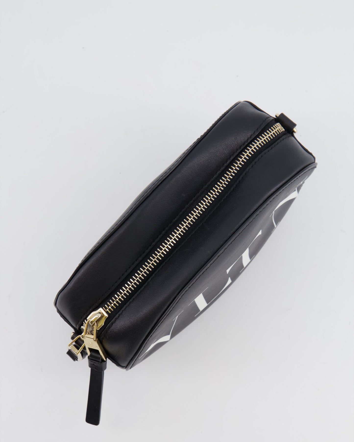 Valentino Black Leather Small Round Bag with White VLTN Print Detail and Champagne Gold Rockstud Strap
