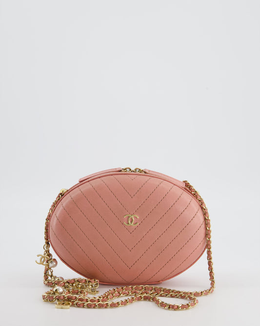Chanel 2019 Pink Runway La Pa Round Evening bag in Chevron with Gold Hardware and Charm Chain