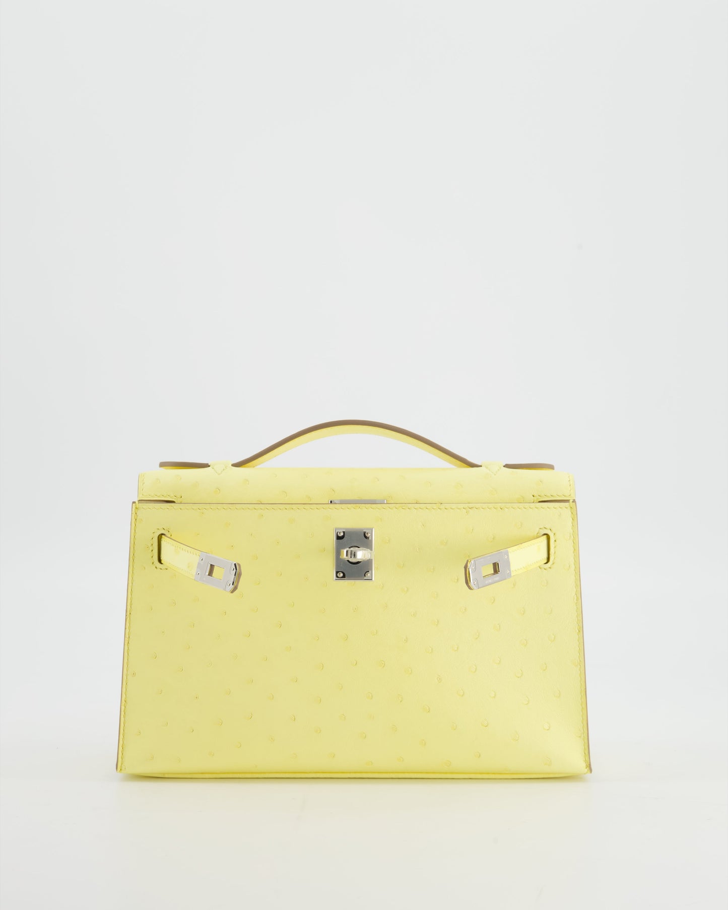 Hermes Kelly Pochette Bag in Limoncello Ostrich Leather with Palladium Hardware