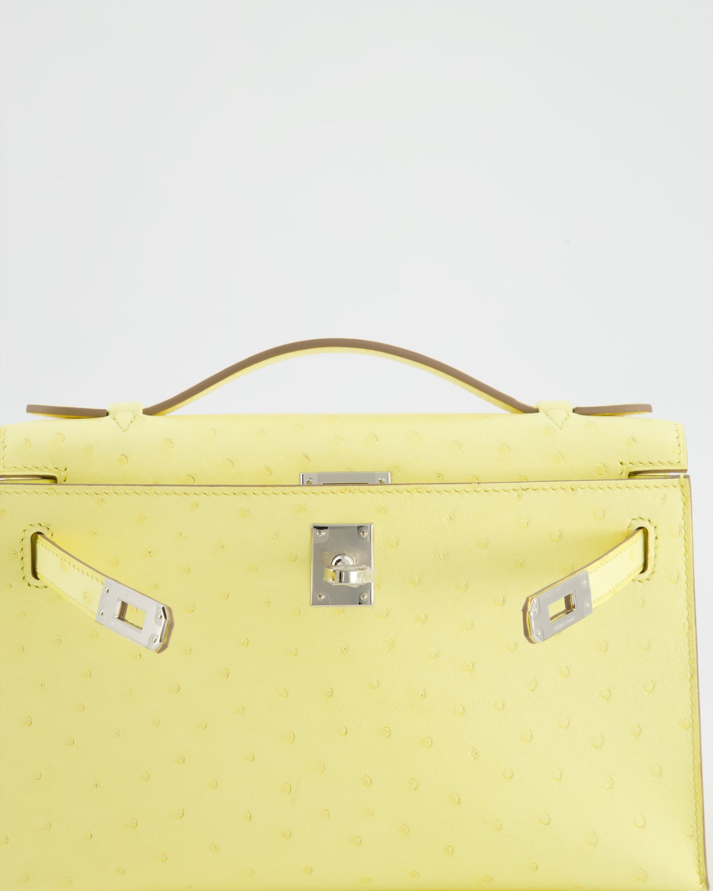 Hermes Kelly Pochette Bag in Limoncello Ostrich Leather with Palladium Hardware