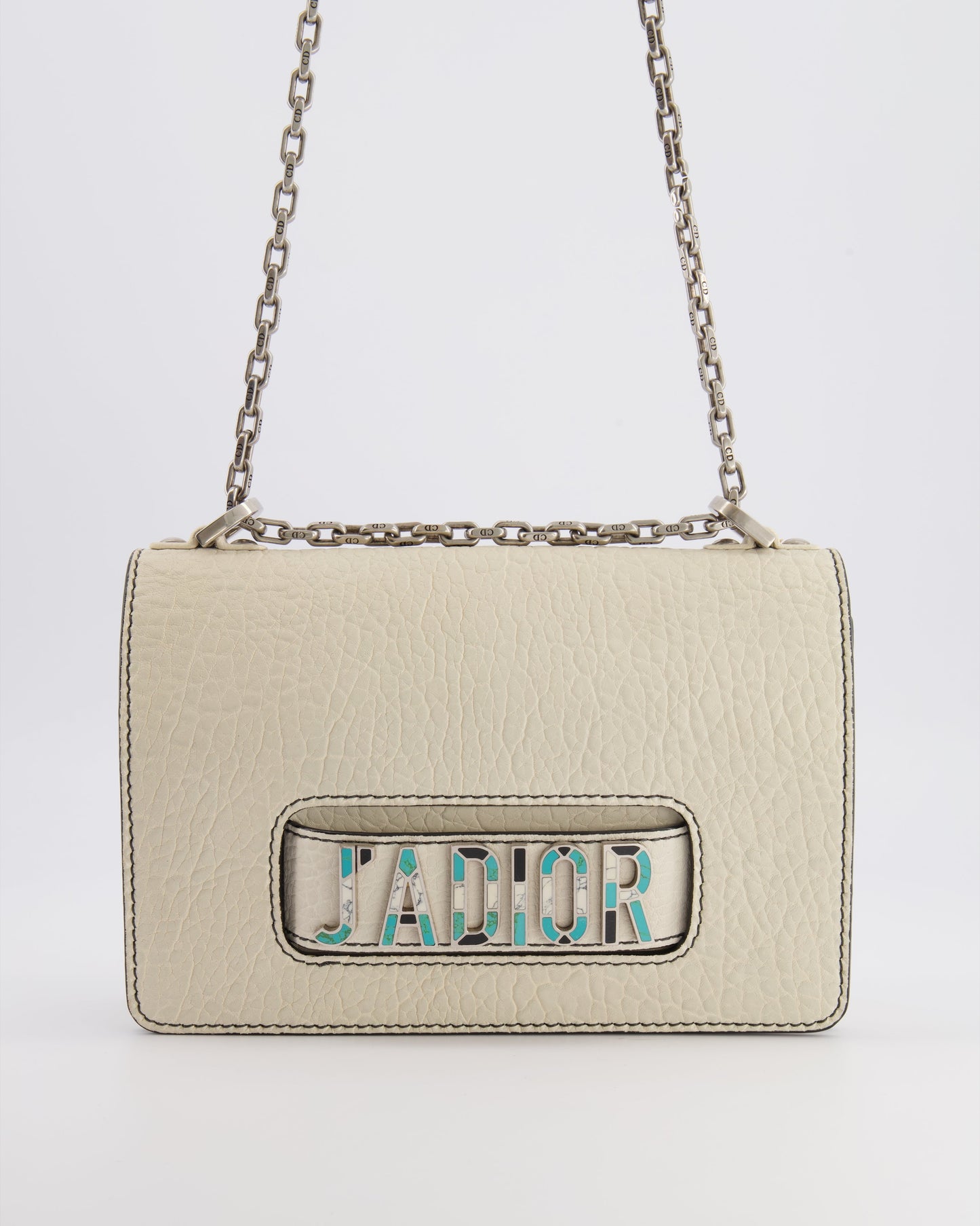 Christian Dior White Pebbled Leather J'Adior Flap Bag with Turquoise and White Logo, Silver Hardware