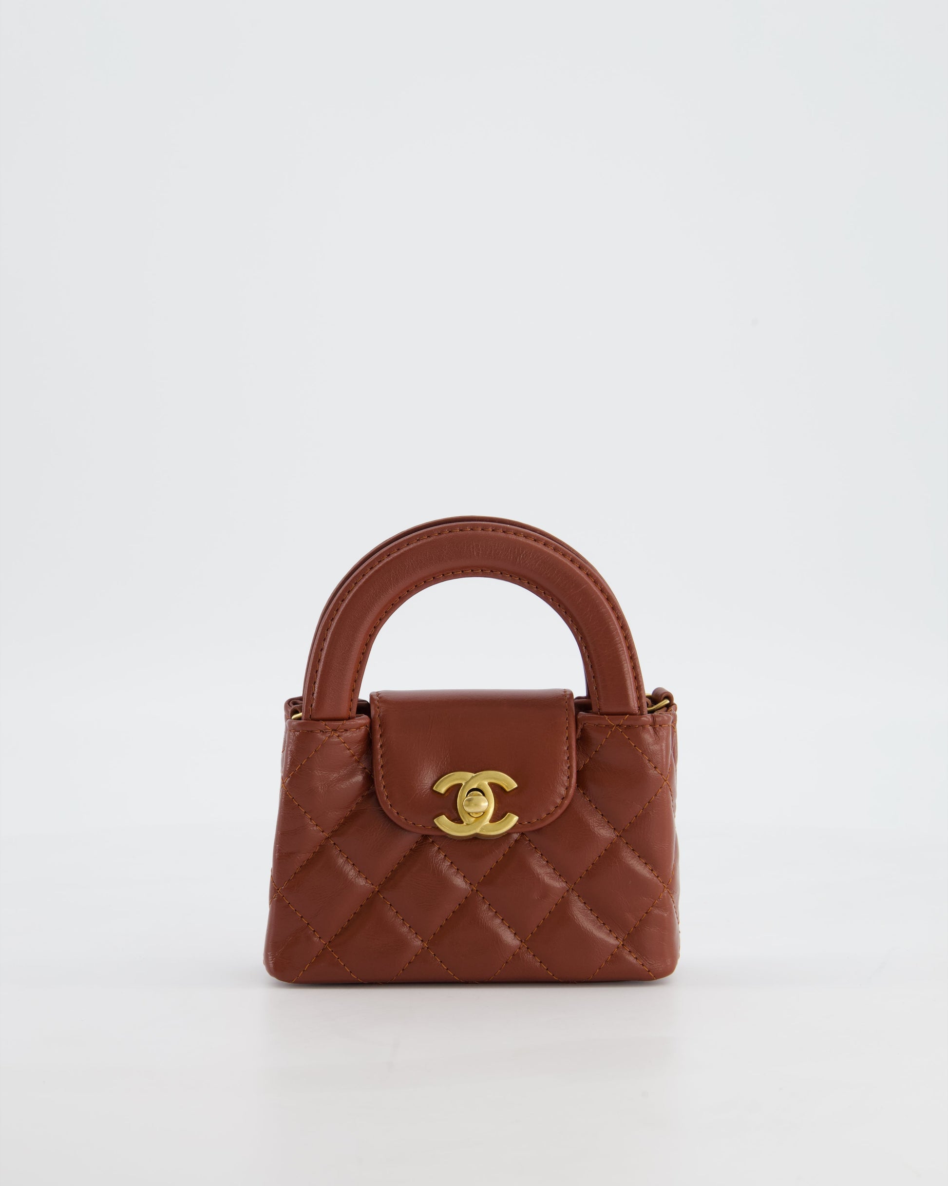 Chanel Brown Nano Mini Kelly Shopping Bag in Aged Calfskin Leather with Brushed Antique Gold Hardware