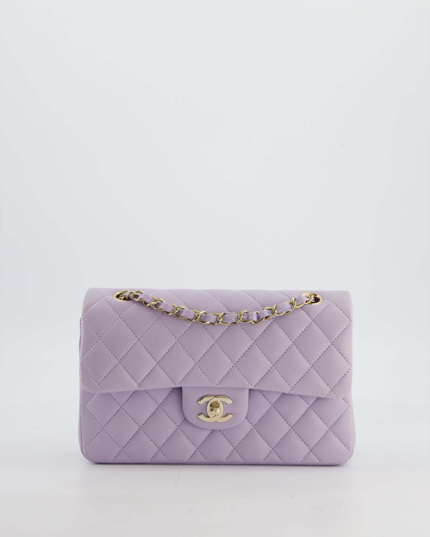 Chanel Small Classic Double Flap Bag in Light Violet Lambskin Leather with Champagne Gold Hardware