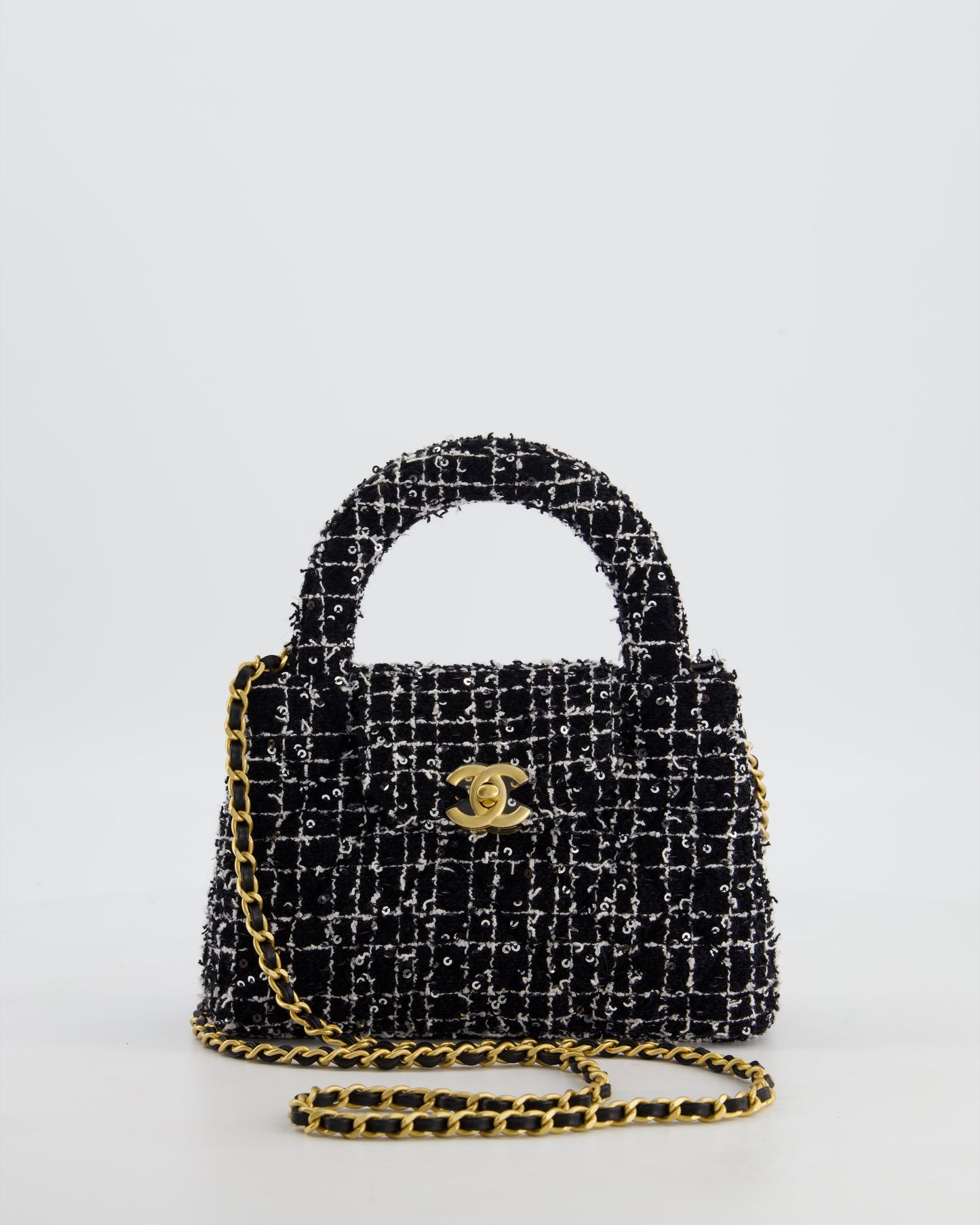 Chanel Black & White Tweed and Sequin Small Kelly Bag with Brushed Antique Gold Hardware