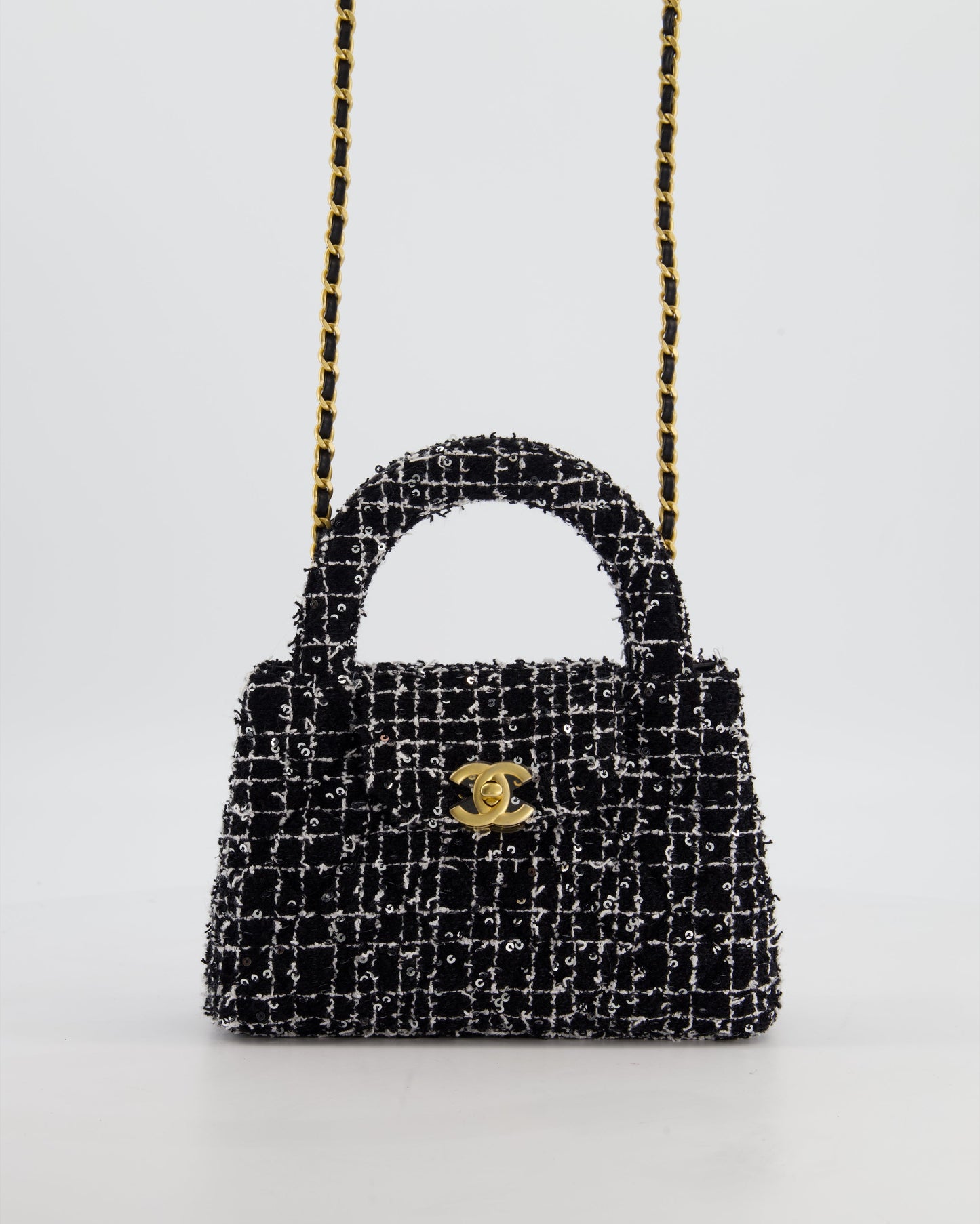 Chanel Black & White Tweed and Sequin Small Kelly Bag with Brushed Antique Gold Hardware