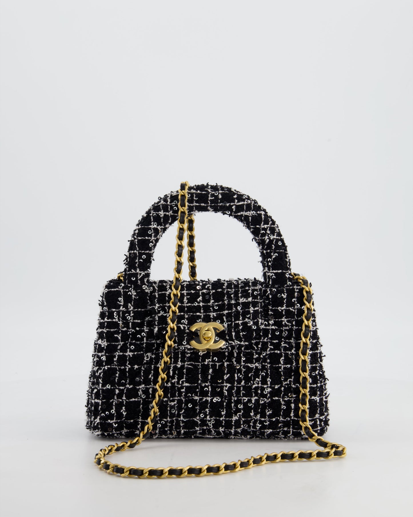 Chanel Black & White Tweed and Sequin Small Kelly Bag with Brushed Antique Gold Hardware