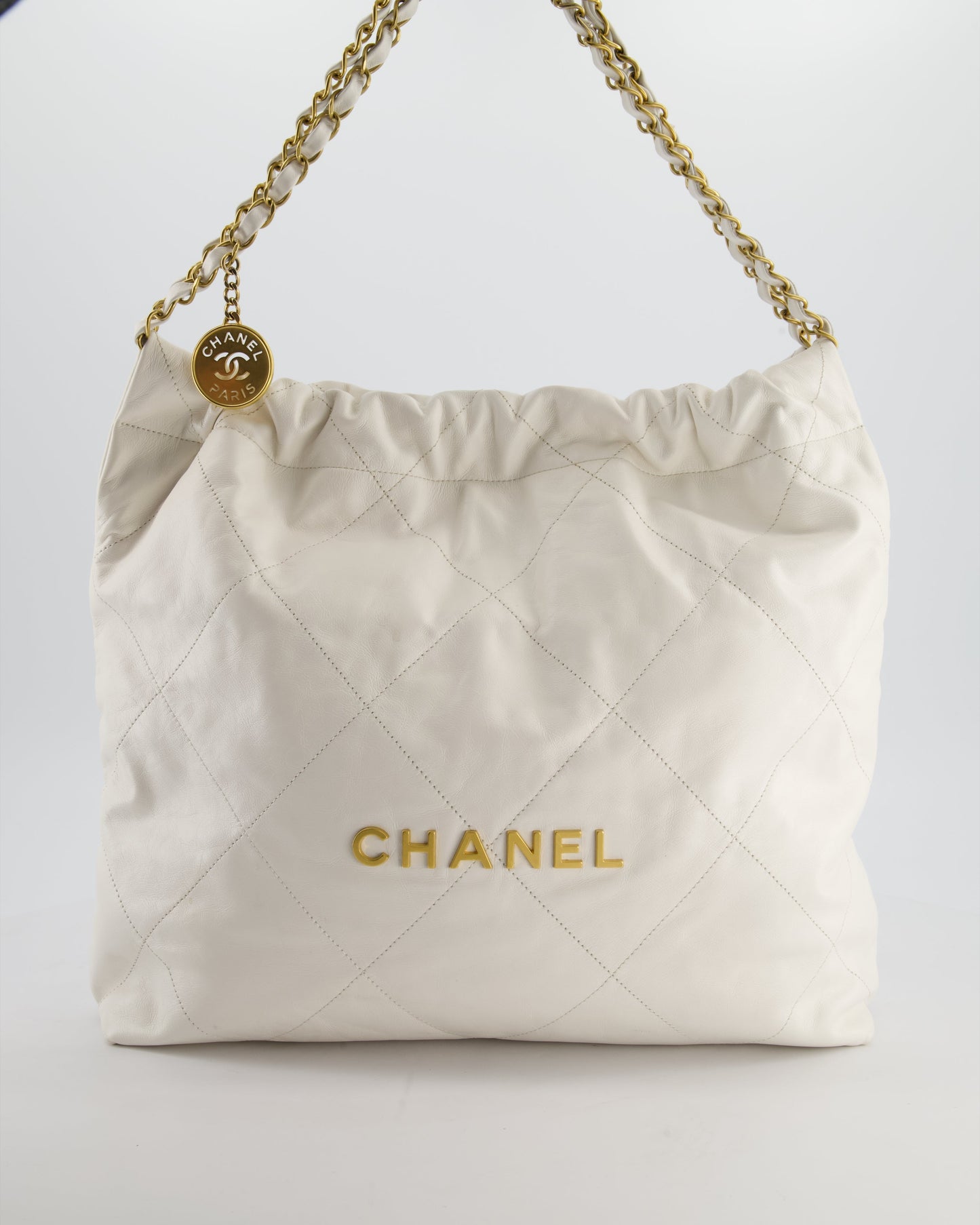 Chanel 22 Small Bag in White Aged Calfskin with Brushed Gold Hardware