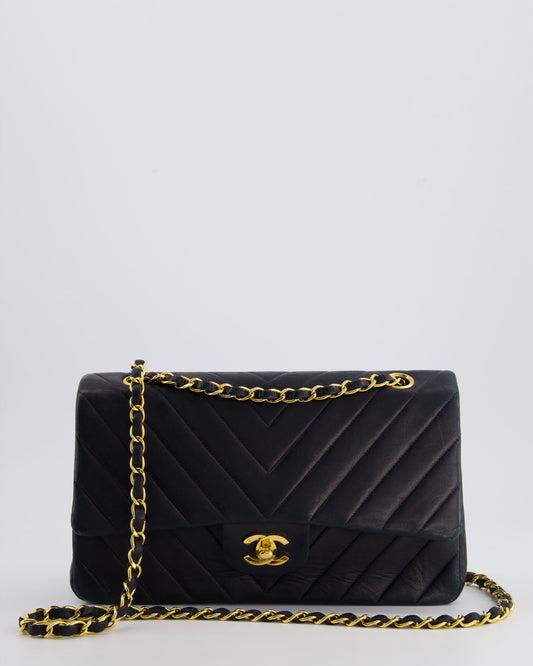 Chanel Navy Classic Medium Chevron Double Flap Bag in Lambskin Leather with 24K Gold Hardware
