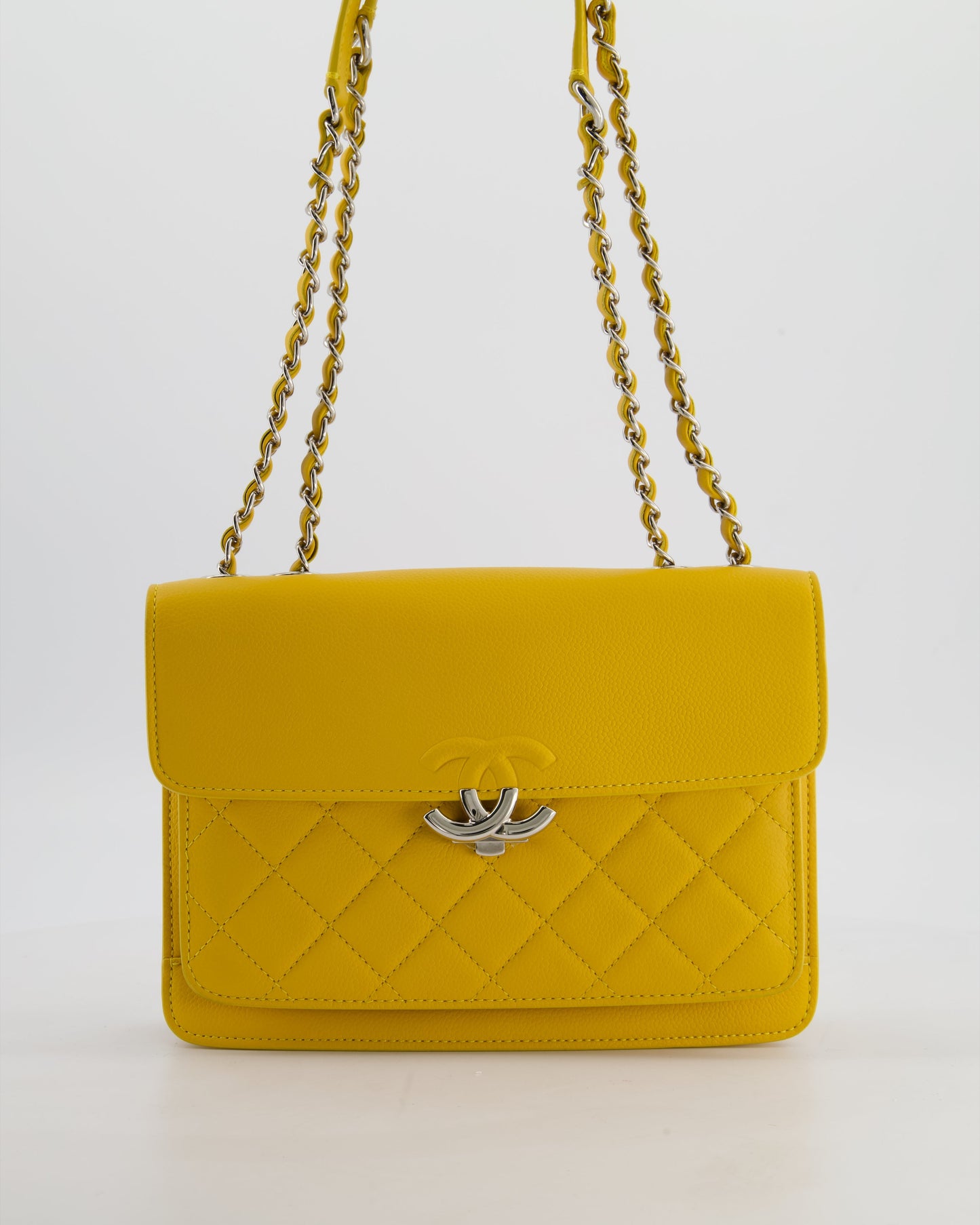 Chanel Yellow CC Box Bag in Caviar Leather with Silver Hardware