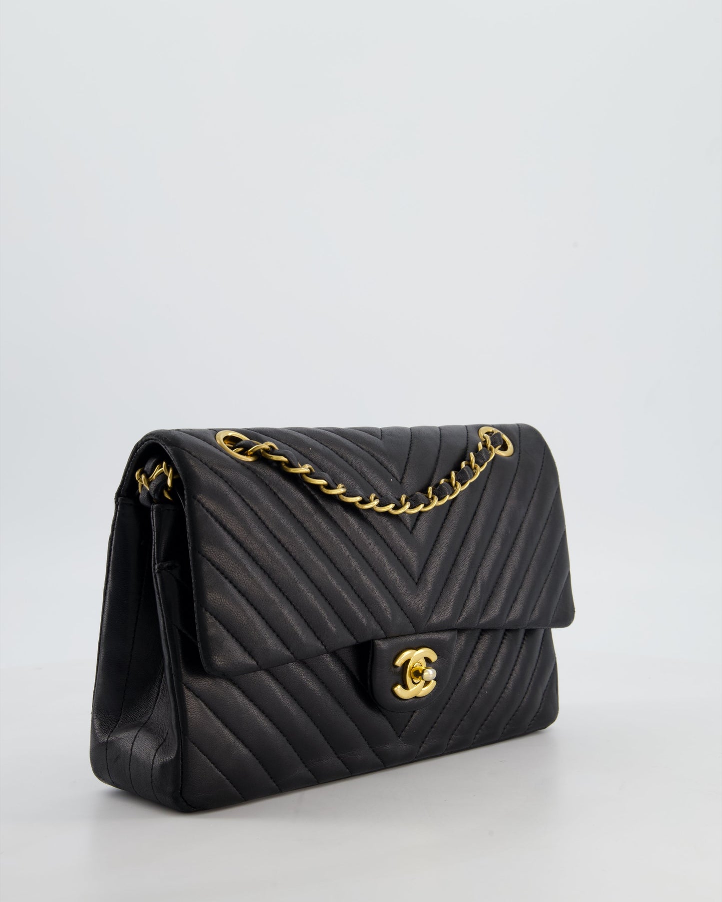 Chanel Black Chevron Medium Classic Double Flap Bag in Lambskin Leather with Gold Hardware