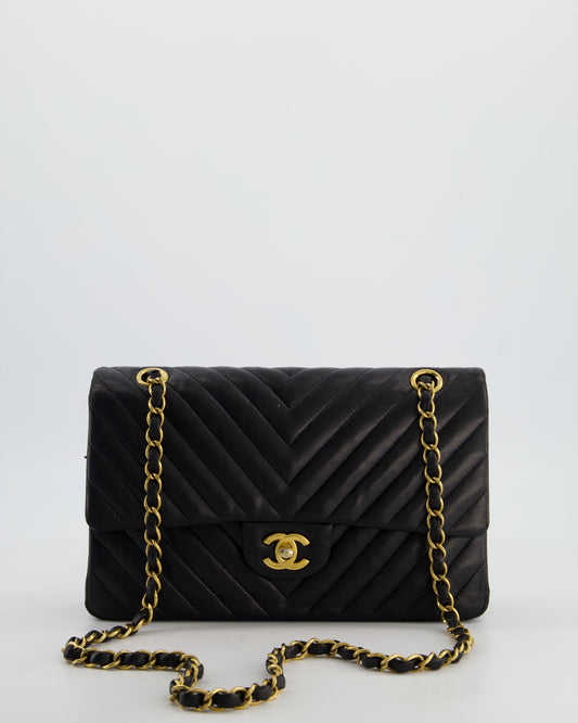 Chanel Black Chevron Medium Classic Double Flap Bag in Lambskin Leather with Gold Hardware