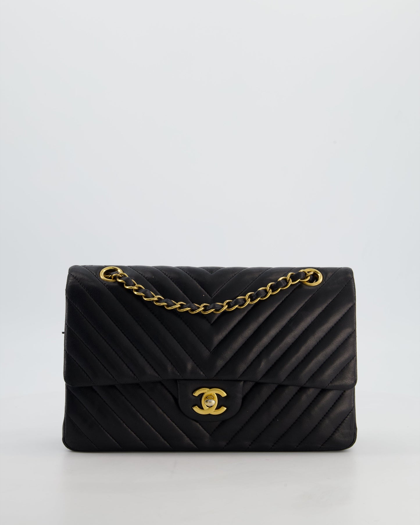 Chanel Black Chevron Medium Classic Double Flap Bag in Lambskin Leather with Gold Hardware