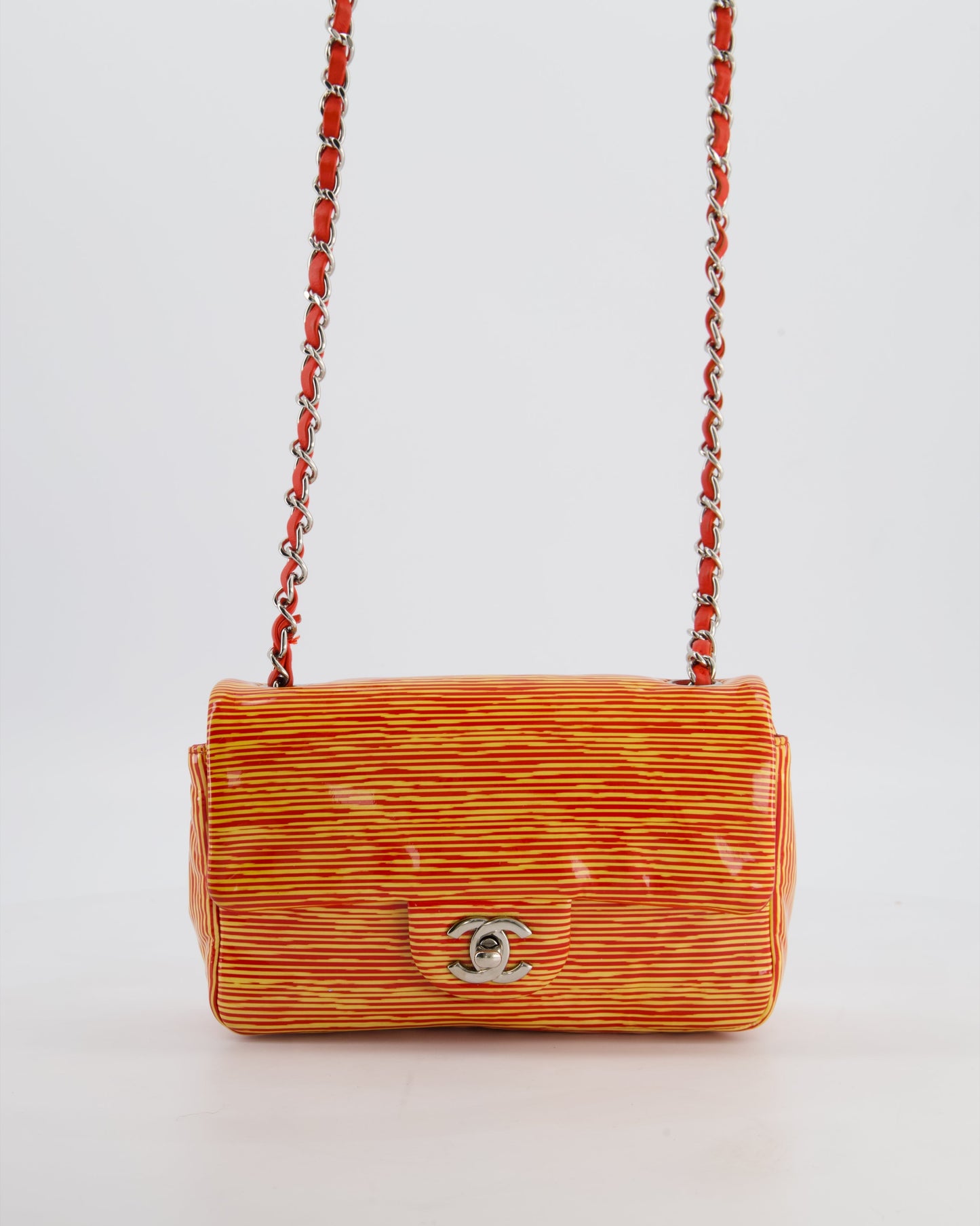 Chanel Red & Yellow Striped Mini Rectangular Flap Bag in Patent Leather with Silver Hardware