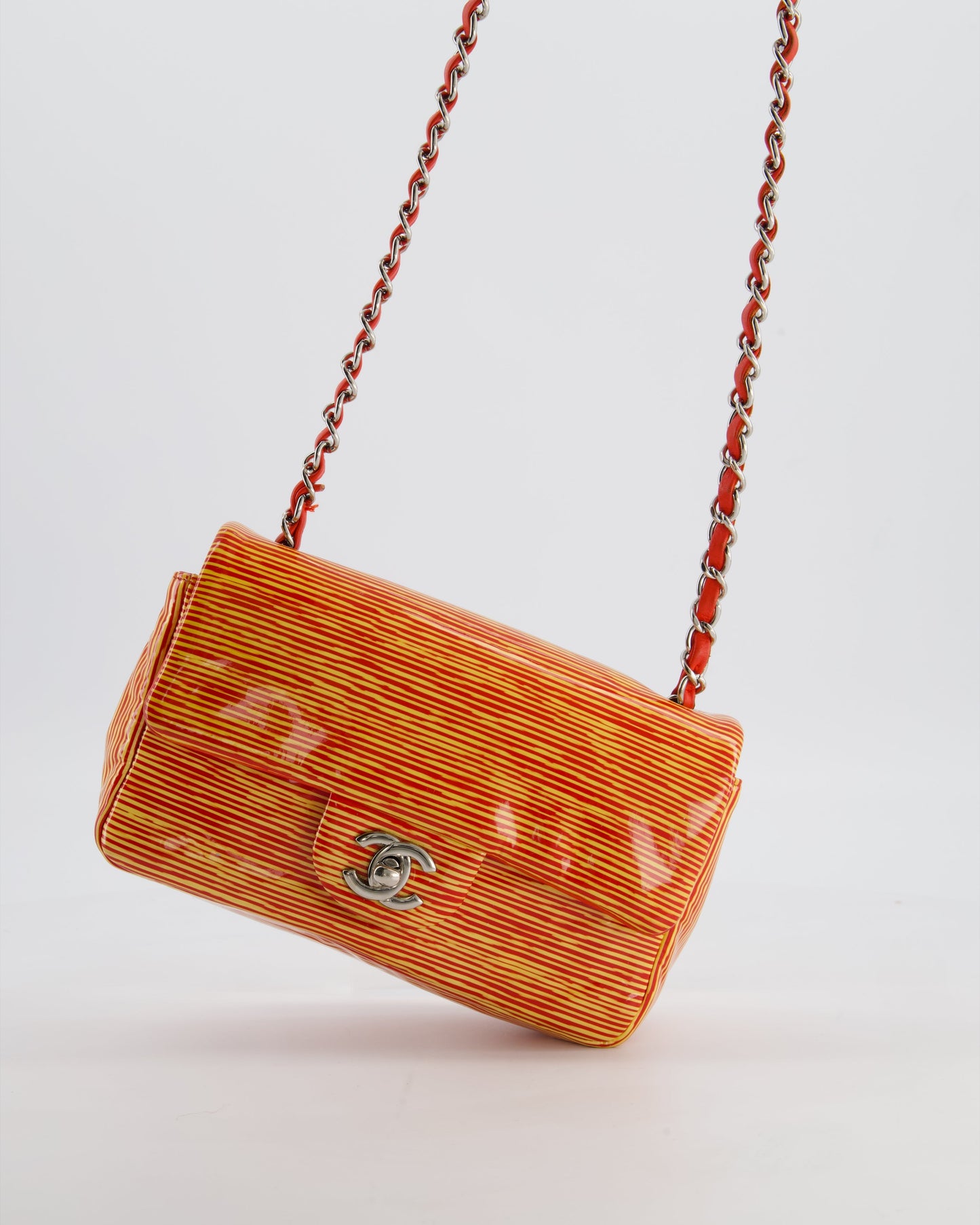 Chanel Red & Yellow Striped Mini Rectangular Flap Bag in Patent Leather with Silver Hardware