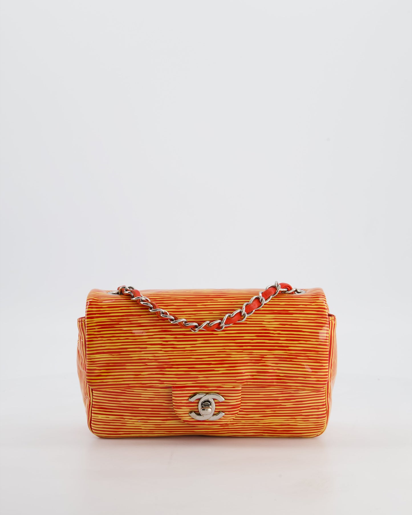 Chanel Red & Yellow Striped Mini Rectangular Flap Bag in Patent Leather with Silver Hardware