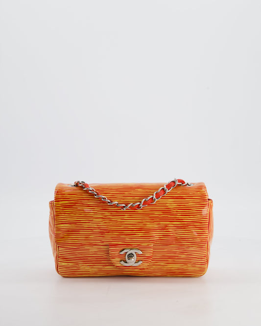 Chanel Red & Yellow Striped Mini Rectangular Flap Bag in Patent Leather with Silver Hardware